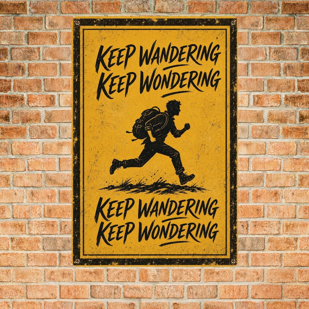 Running Silhouette Adventure Slogan Icon Yellow Retro Metal Plaque