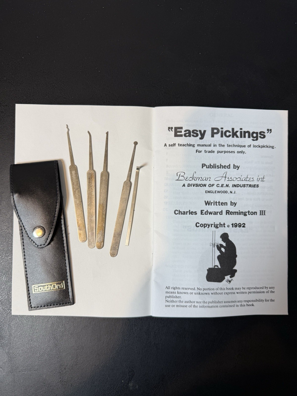 Vintage SouthOrd Lock Pick Set with Leather Case & Easy Pickings Manual 1992