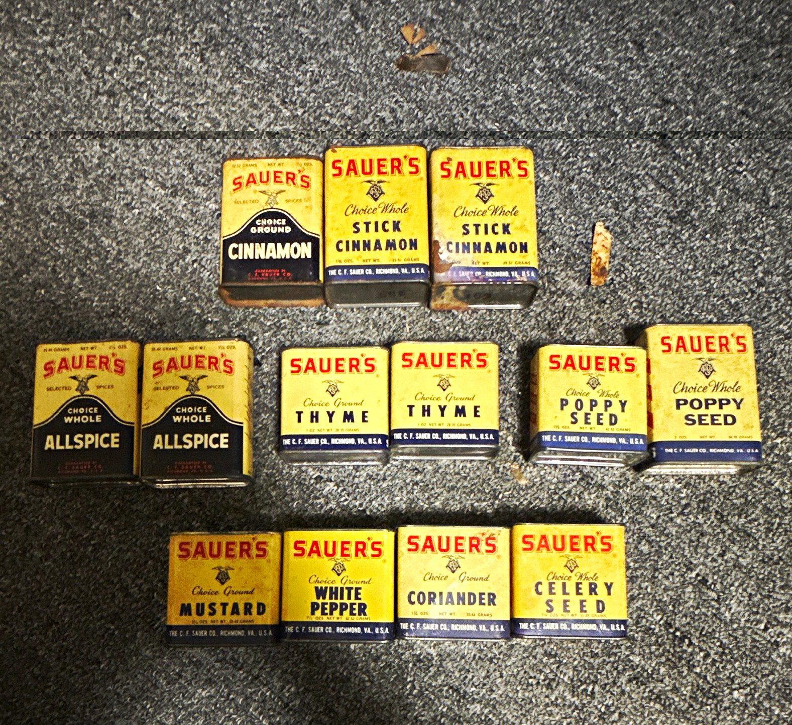 Sauer\'s Vintage Lot of 9 Spice Tins/Containers Cinnamon Thyme Poppy Mustard 