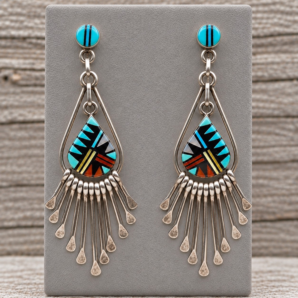 Zuni Laahty Sterling Silver Turquoise Multi Stone Inlay Earrings Signed Vtg 3\