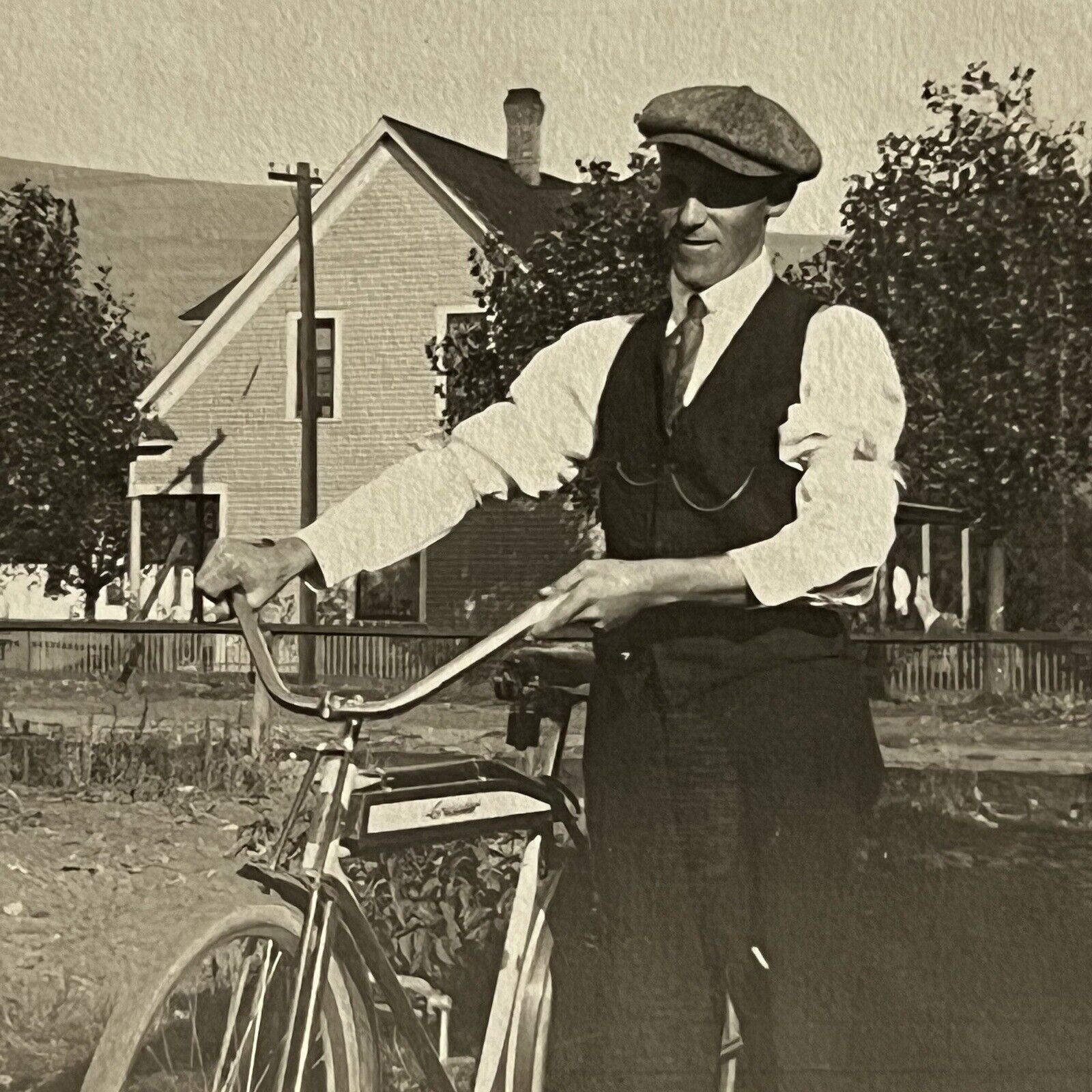 Vintage Antique Snapshot Photograph Handsome Young Man With Bicycle Newsboy Hat