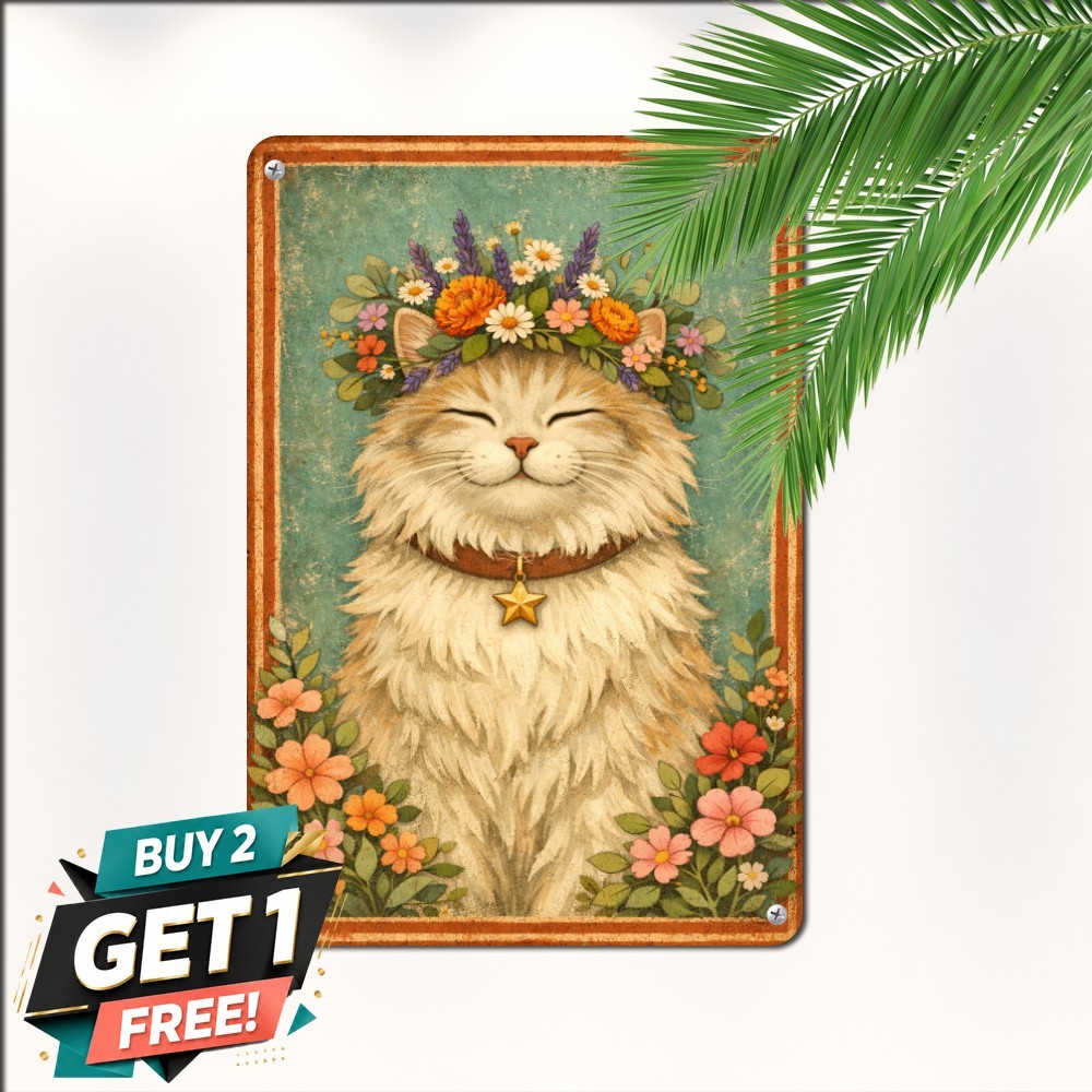 vintage cat portrait floral crown teal distressed background