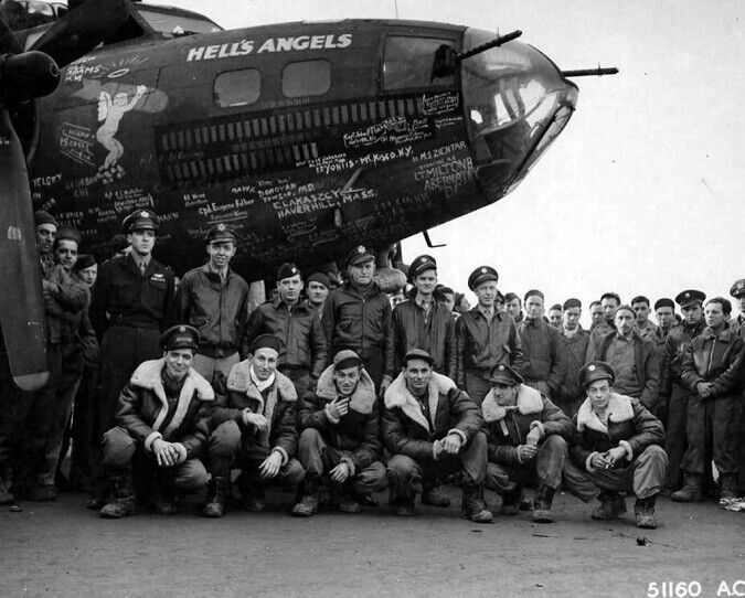 USAAF B-17 Hells Angels Bomber and Crew 8x10 WWII Nose Art Photo 788