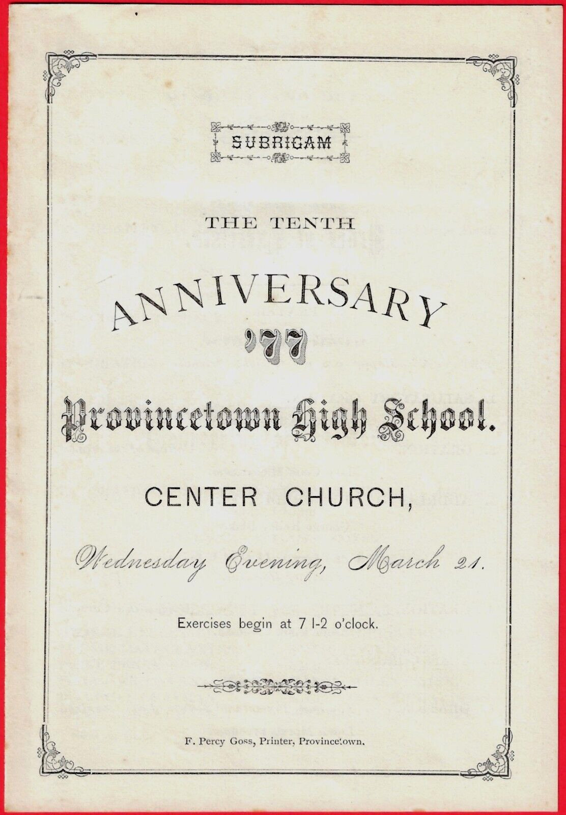 PROVINCETOWN, MA ~ RARE 1877 HIGH SCHOOL GRADUATION PROGRAM ~ 10th Anniversary