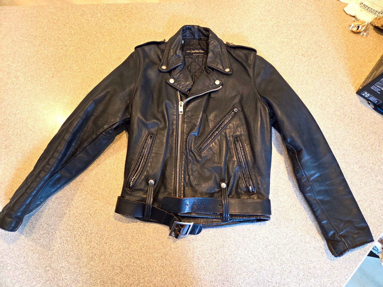 Vintage 70s AMF Harley Davidson Leather Motorcycle Jacket Belted Serval