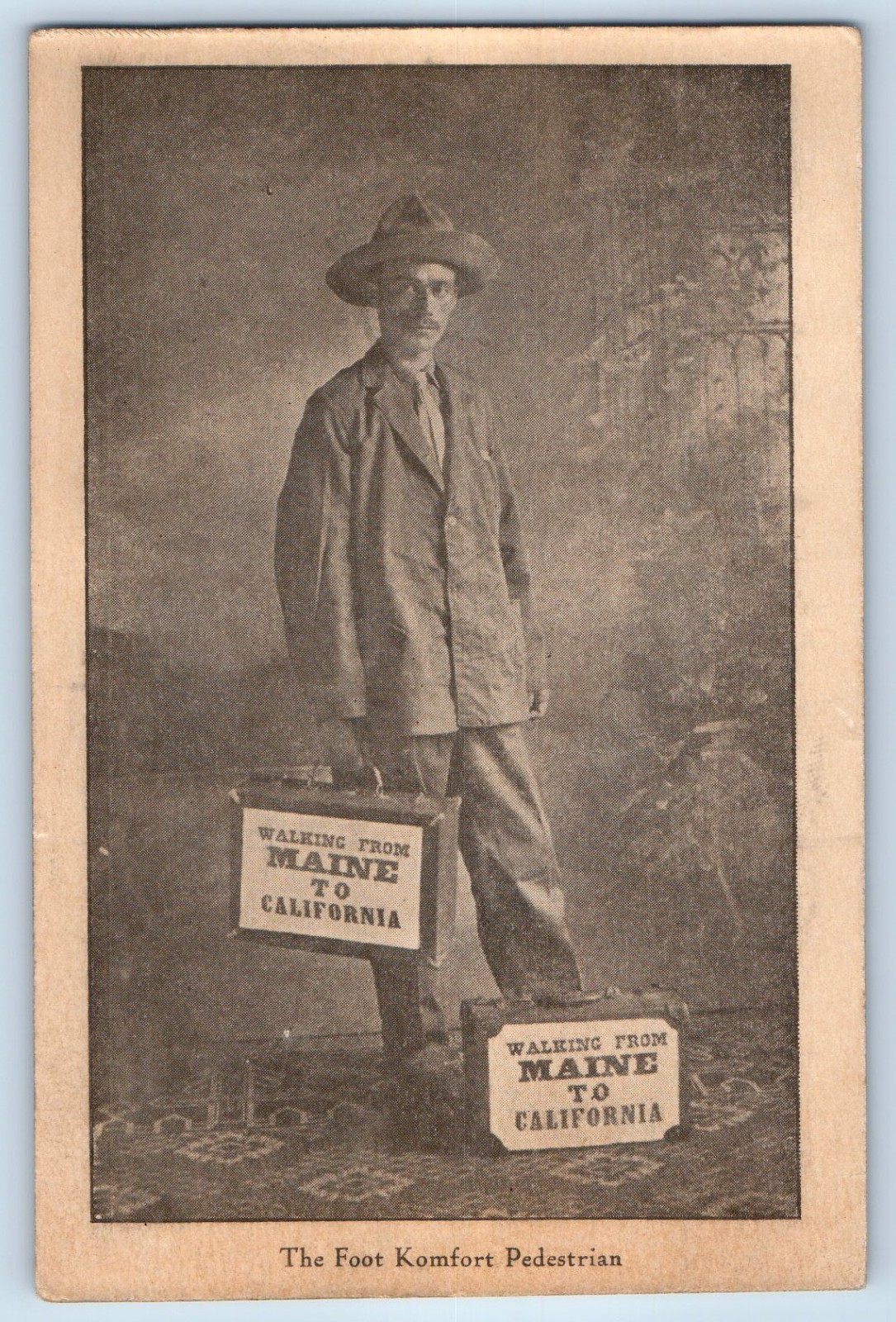 c1910s Man Walking From Maine To California The Foot Komfort Pedestrian Postcard