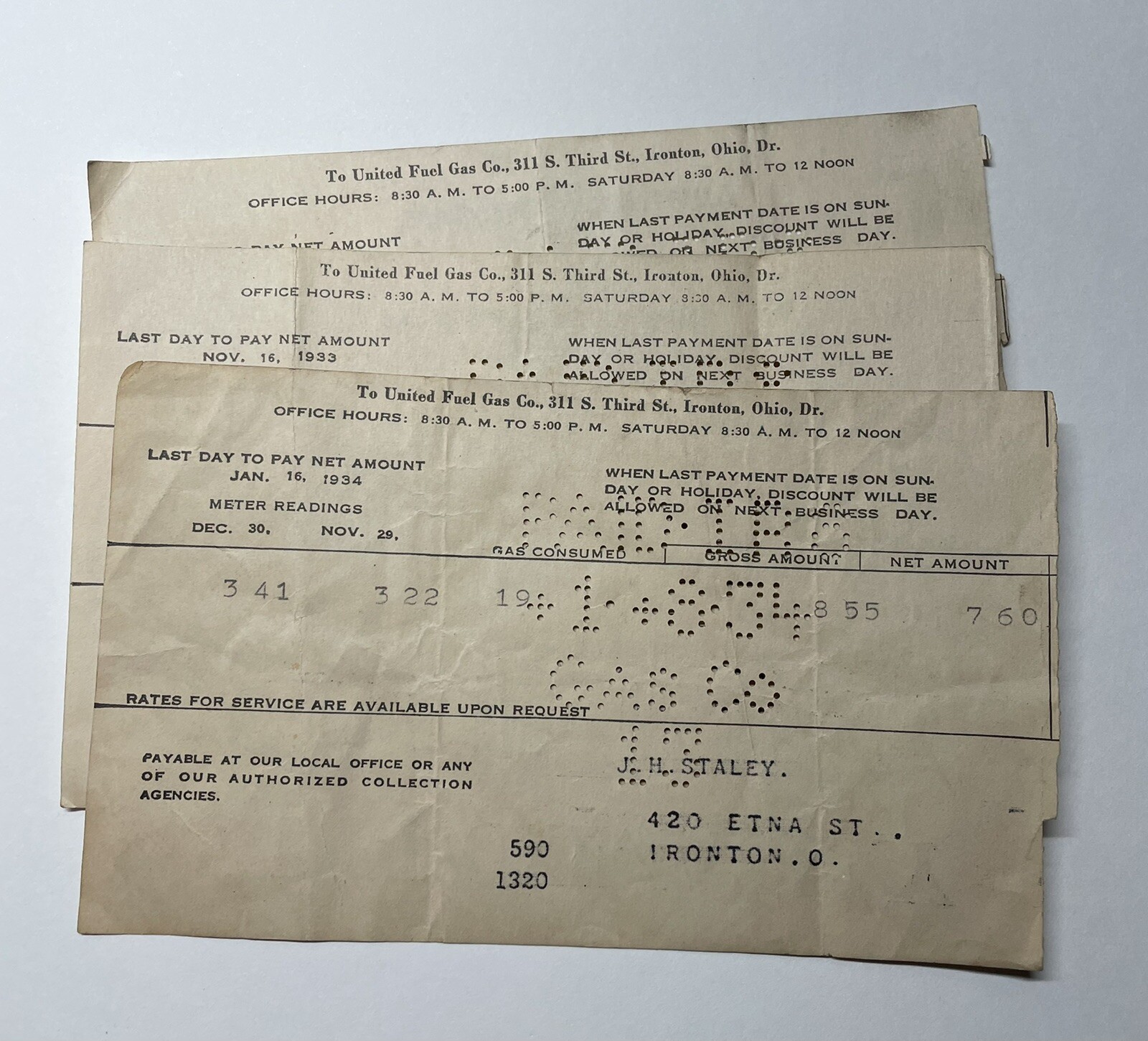 1933 - 34 Vintage Gas Receipts (3) - United Fuel Gas Company Ironton, Ohio