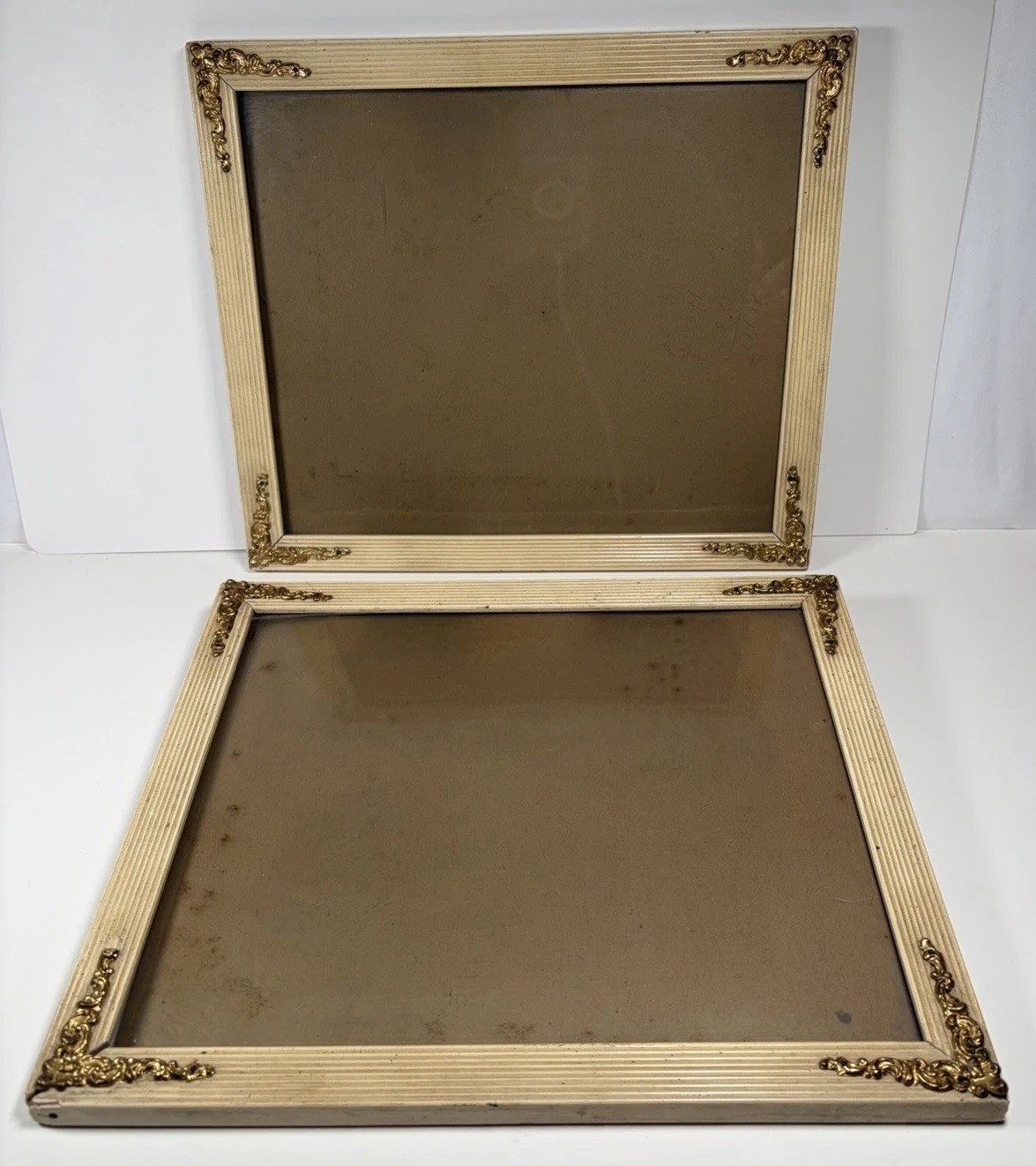 Lot 2 VTG ATQ Gilt Wood Picture Frame Ornate Gold Metal Corner Brackets Accent