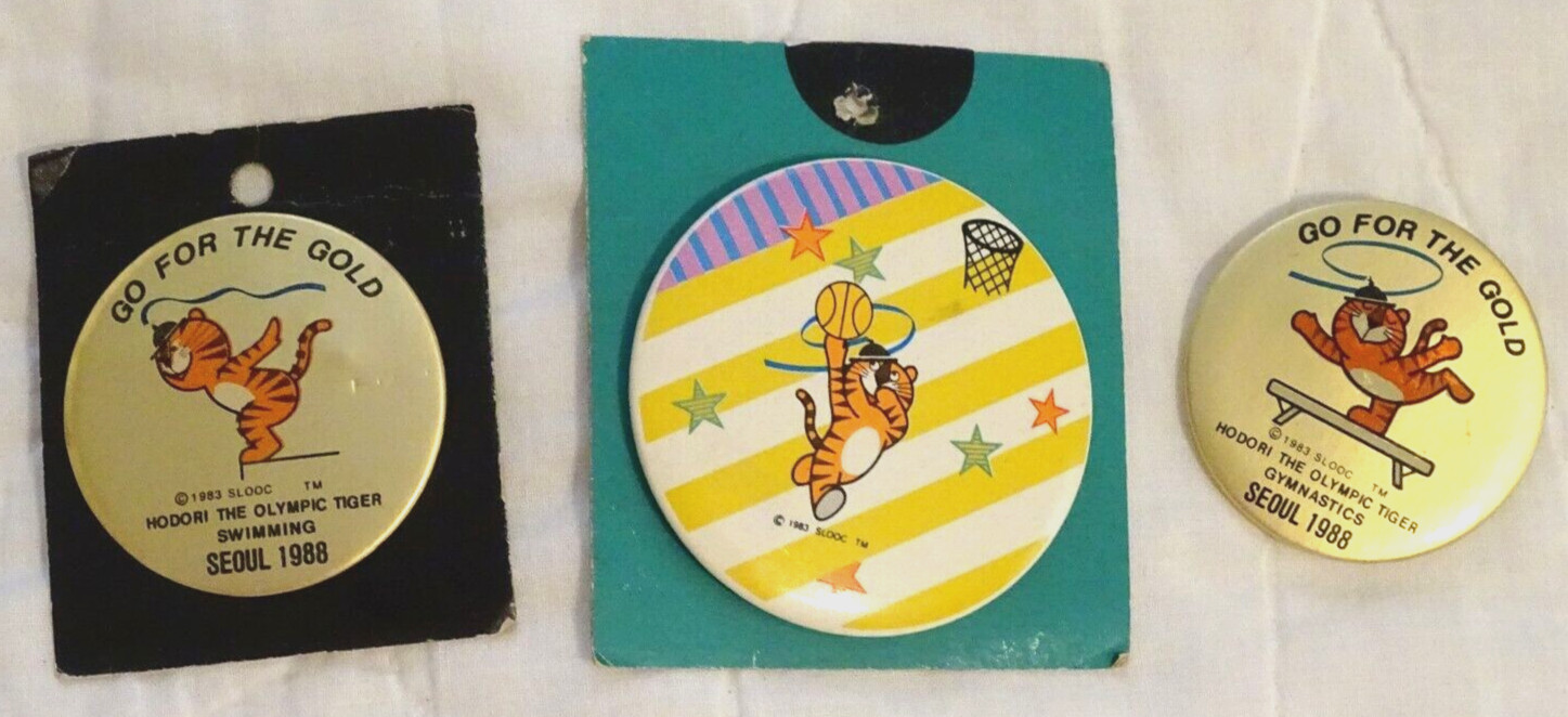 3x Vintage Seoul 1988 Olympics Pin Button Go for the Gold Hodori Olympics Korea