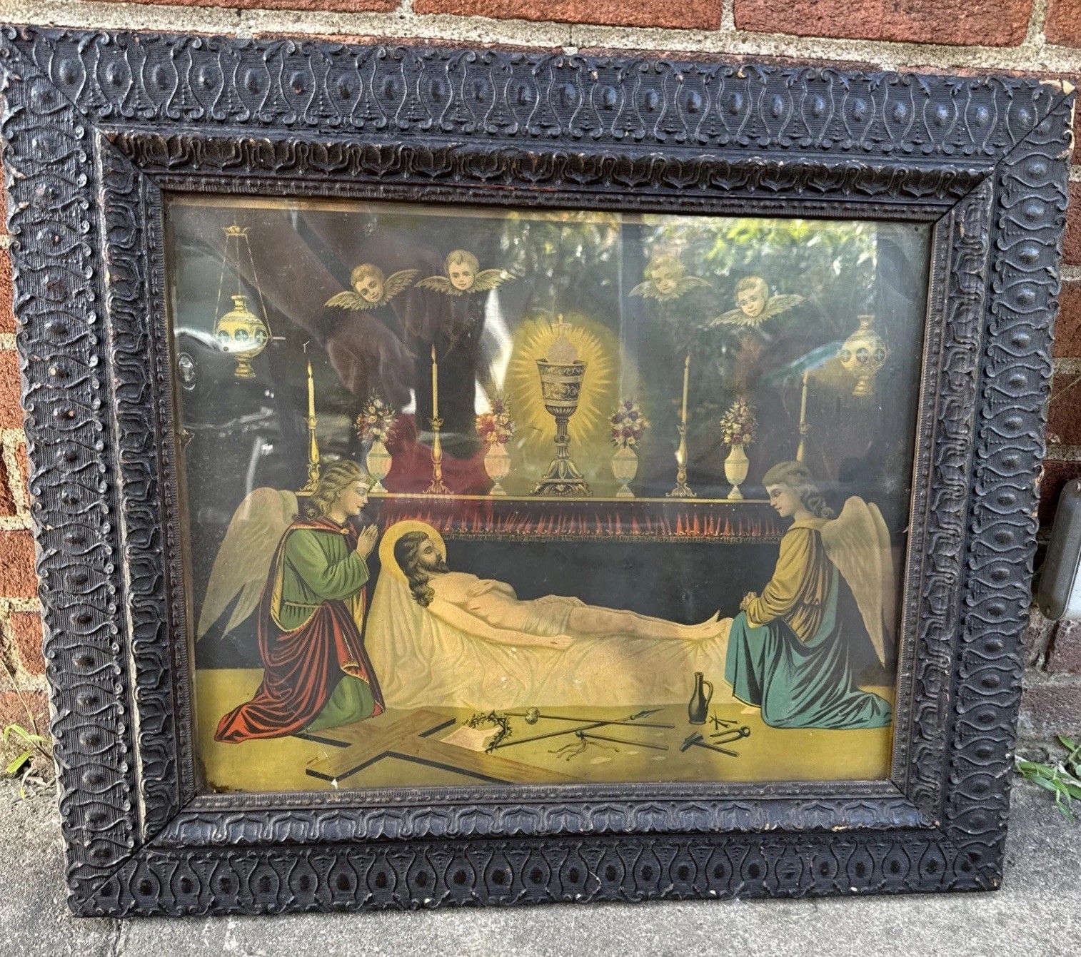 Antique Gothic Catholic Religious Art Christ Angels Eucharist Ornate Frame