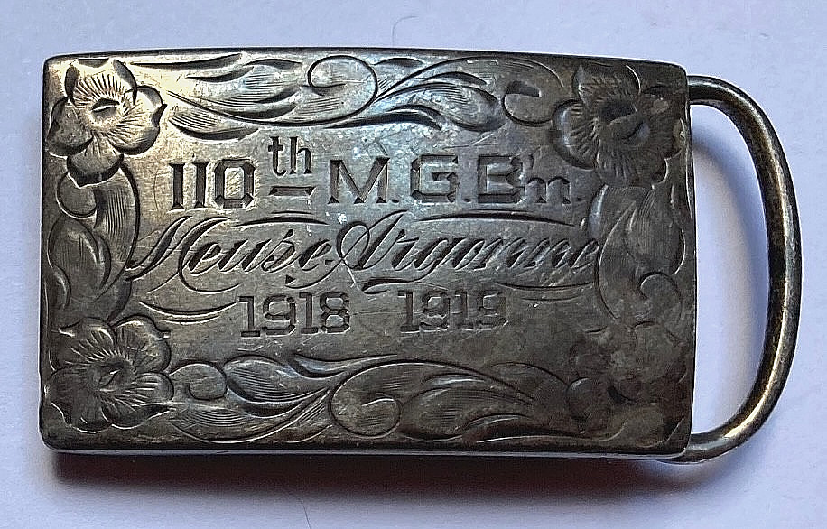 WW1 Sterling Silver Belt Buckle 110th Machine Gun Bn. Meuse Argonne Stieff 1915