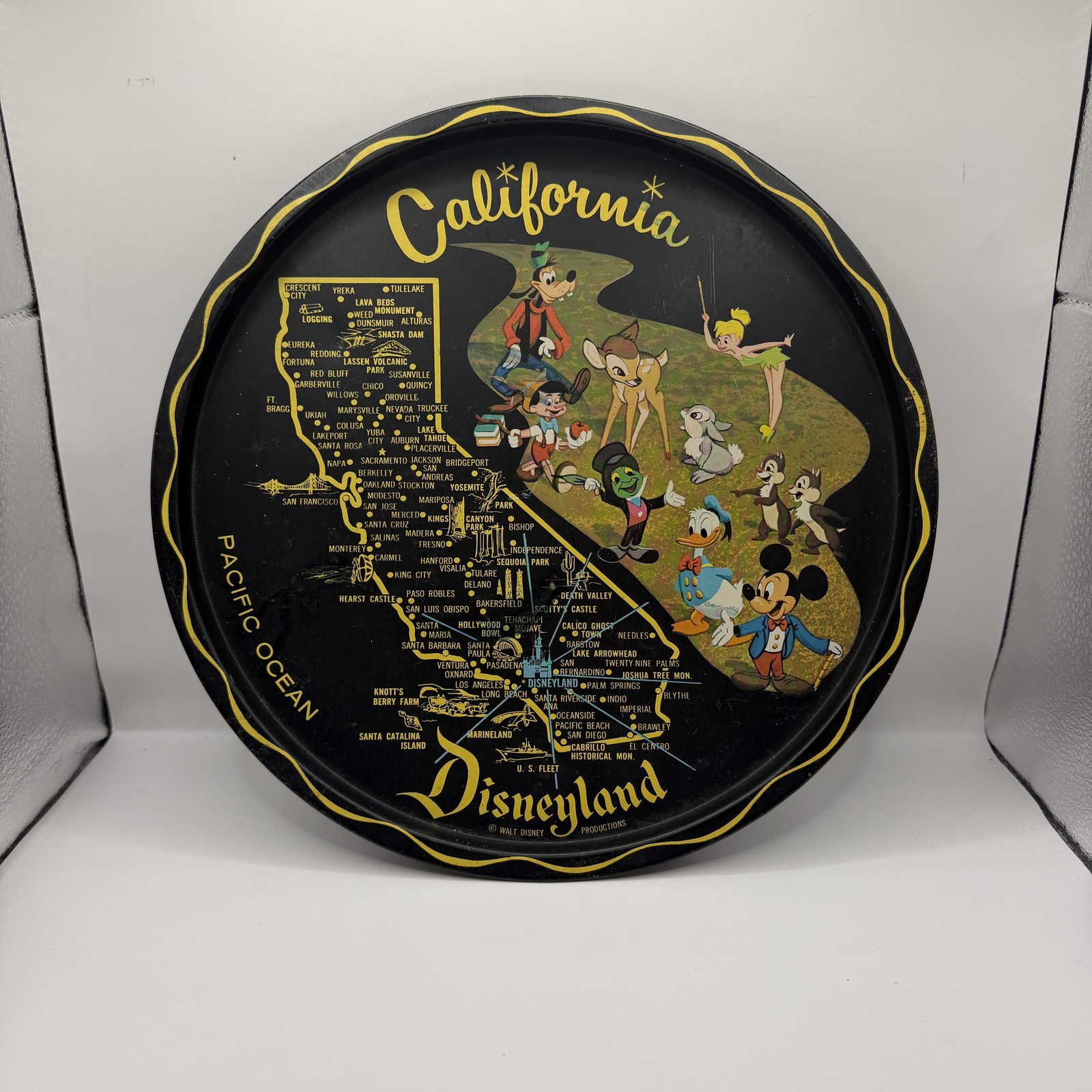 Vintage Disney Disneyland California Map Round Metal Tray Mickey Mouse & Friends