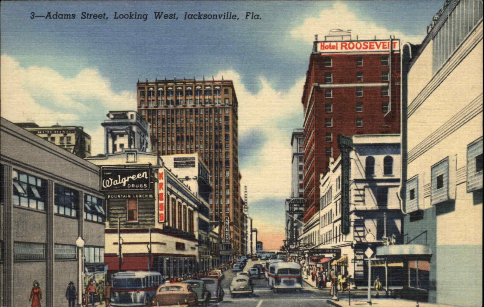 Jacksonville Florida FL Street Scene Walgreen Drugs Linen c1930s-40s Postcard