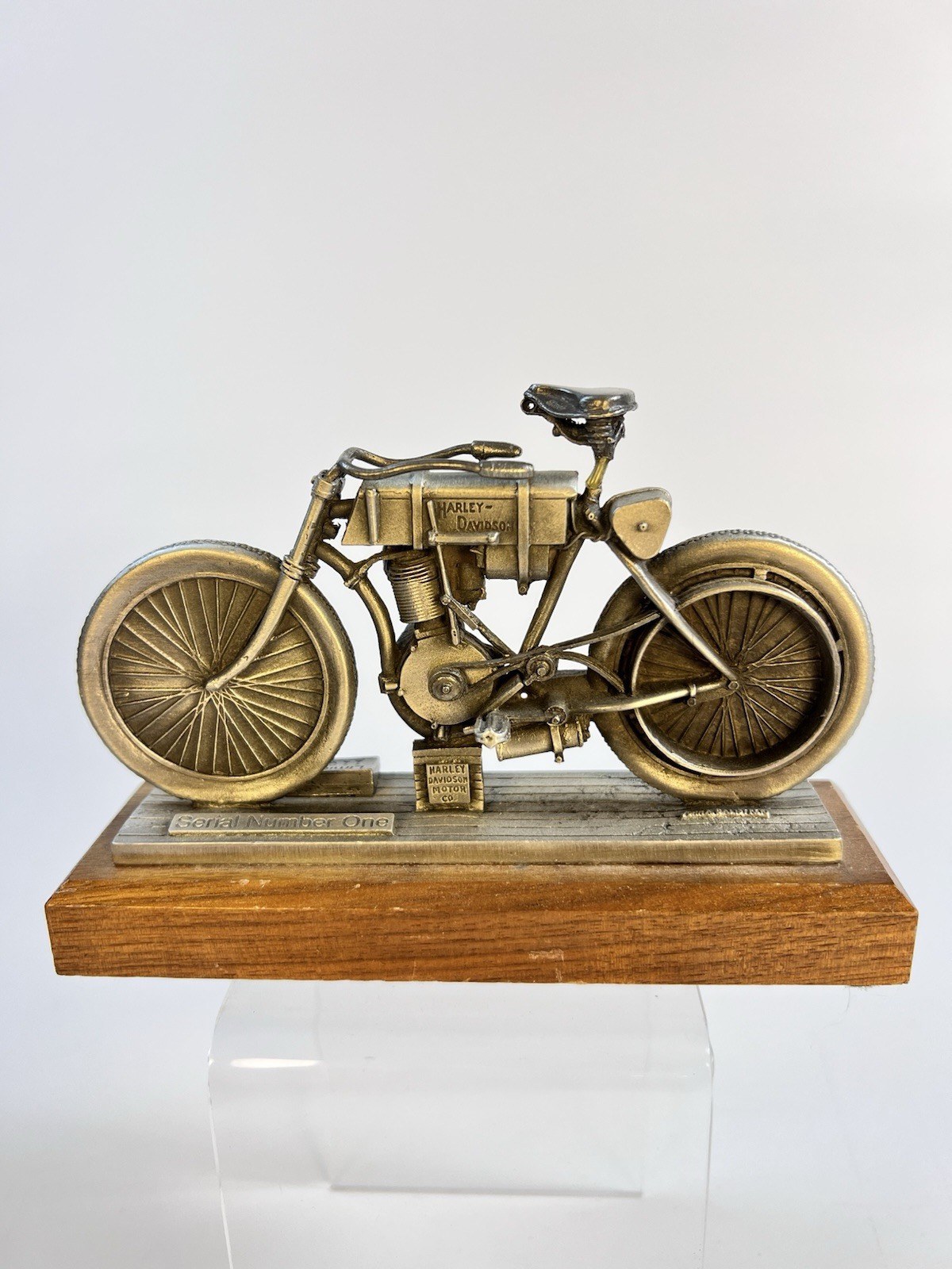 ⁠Vintage 1998 Harley Davidson Serial Number One Pewter Figurine Statue Wood Base