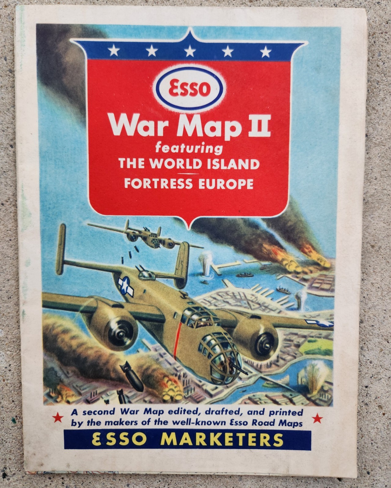 Vintage 1944 WWII Esso War Map II Fortress Europe The World Island Fold Out