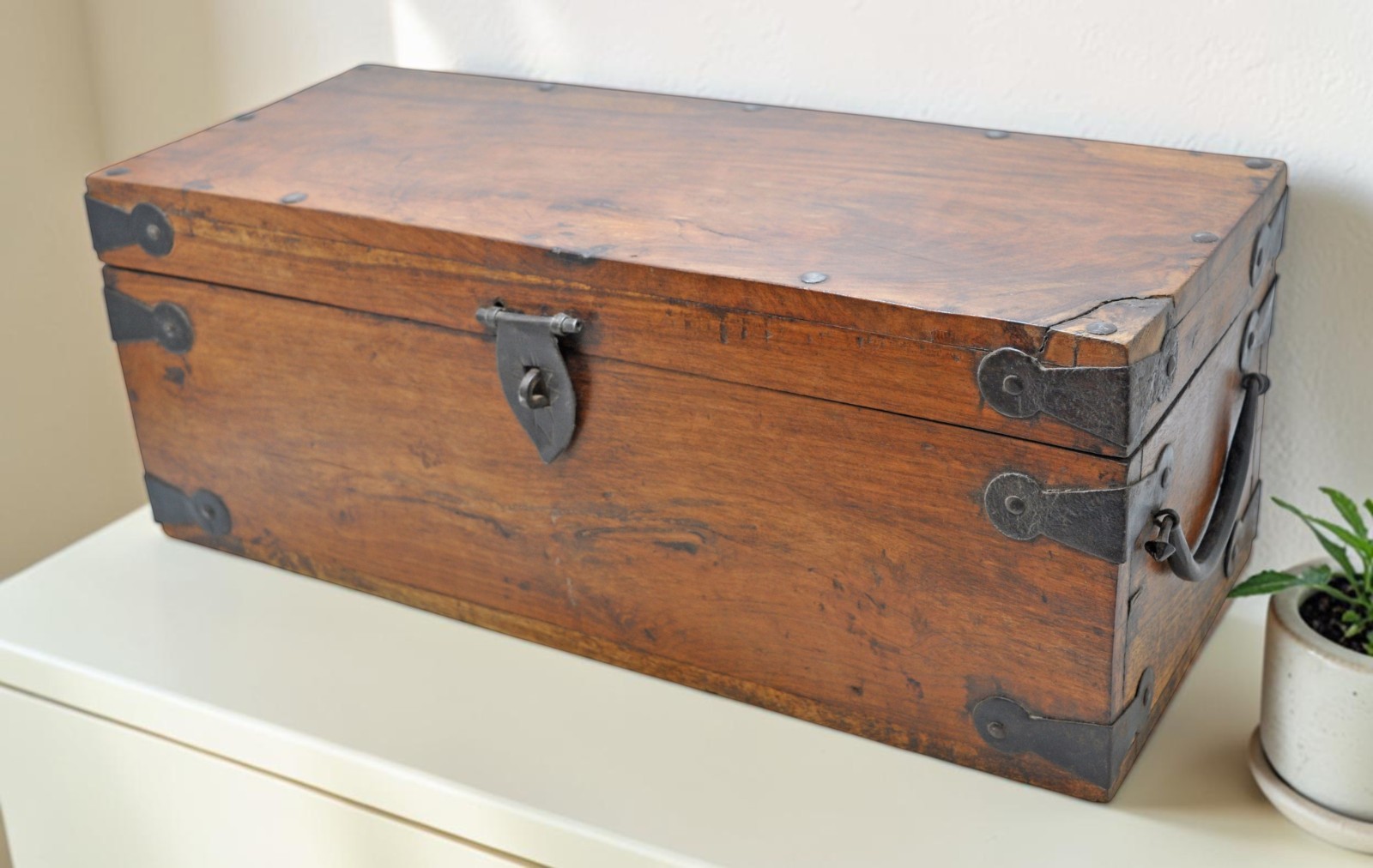 Vintage Wooden Long Storage Chest Box Original Old Hand Crafted Metal Fitted