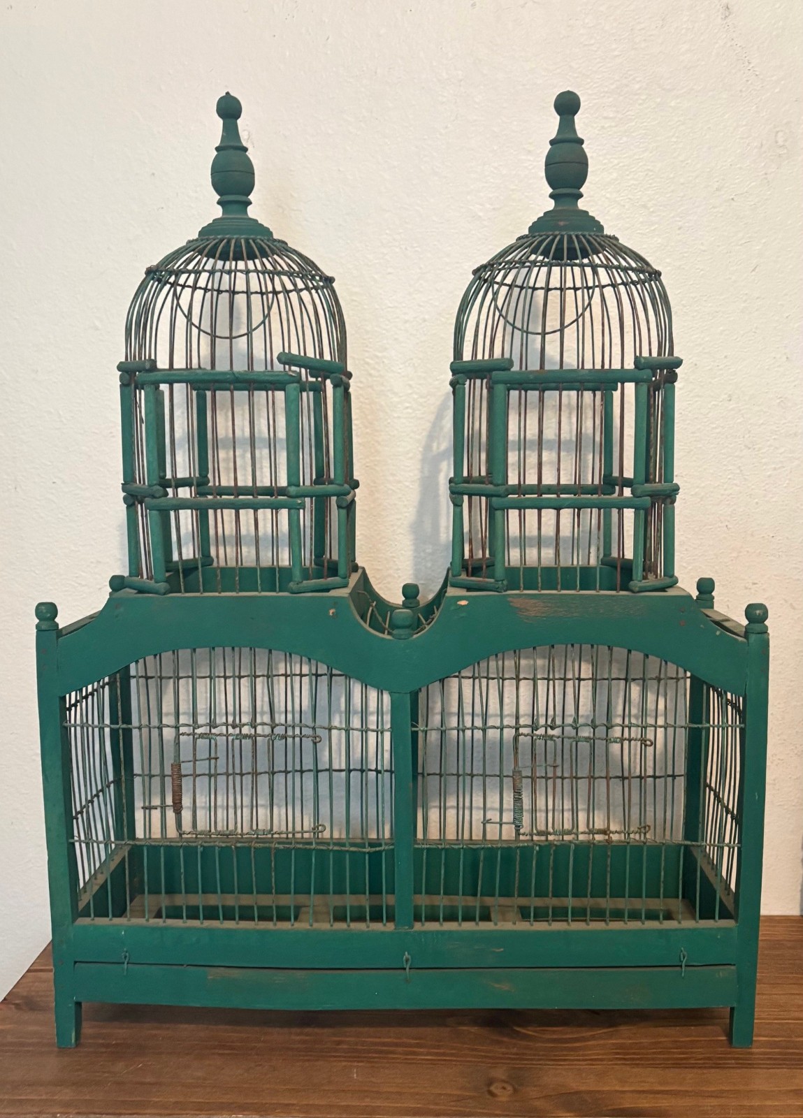 Antique Vtg Victorian Style Cathedral Double Dome Wood & Wire Bird Cage, 26