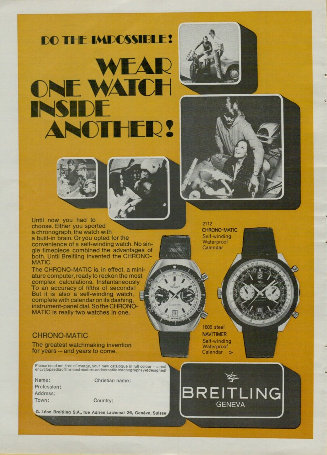 1969 Breitling Chrono-matic Navitimer Miniature Computer Watch VINTAGE PRINT AD