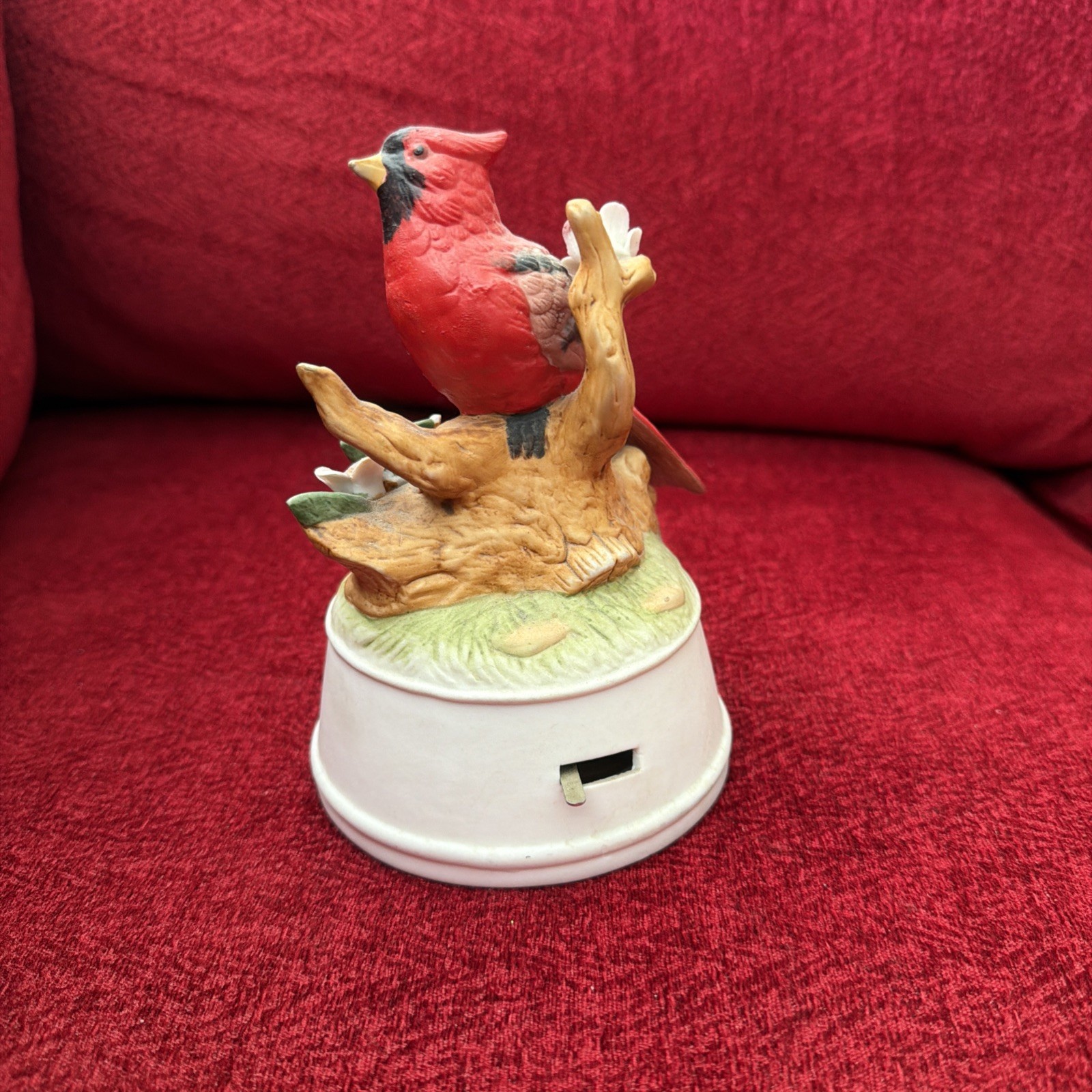 Vintage Porcelain Schmid Cardinal Bird Music Box With Pink Flowers