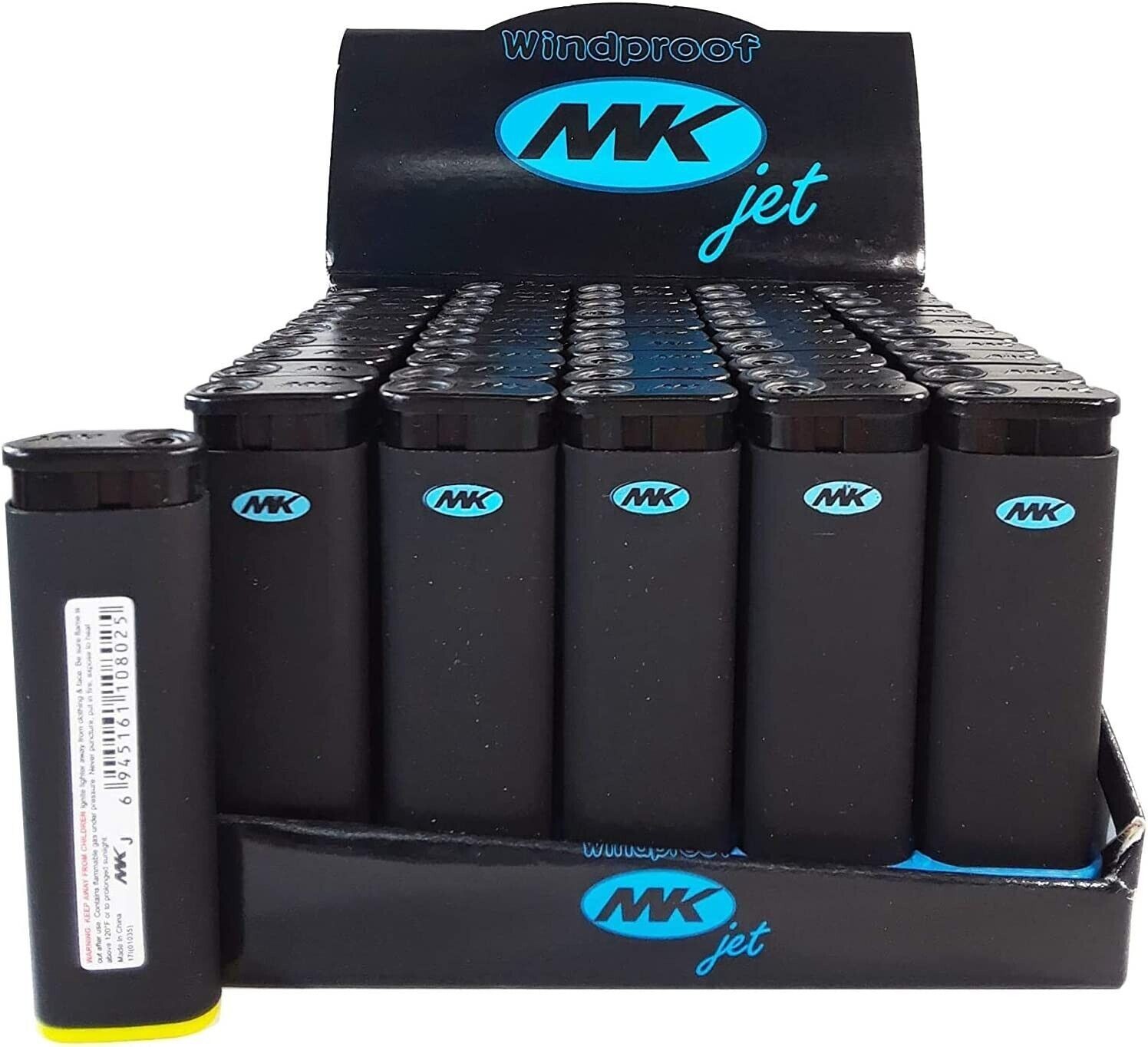 Tray of 50 Ct MK JET BLACK TORCH Big Full Size Lighters Refillable Windproof