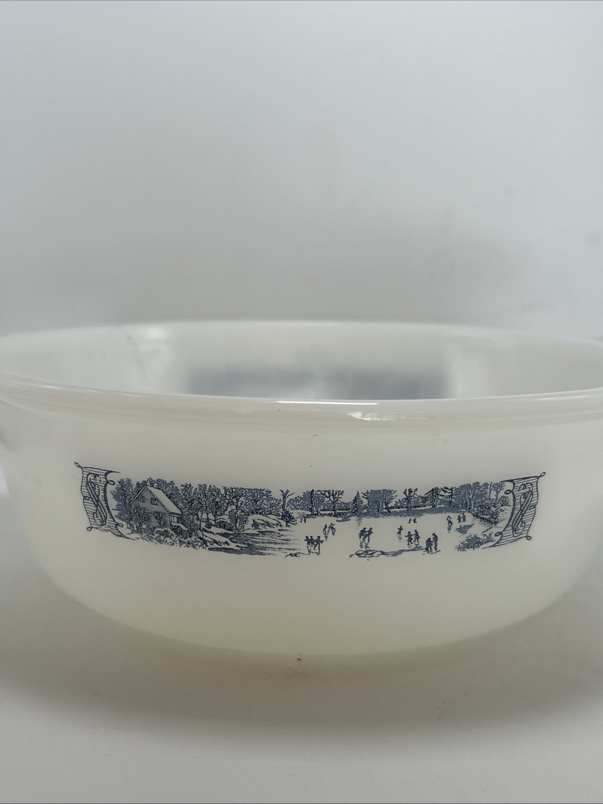 Vintage Currier & Ives Round Baking Dish W/Handles \