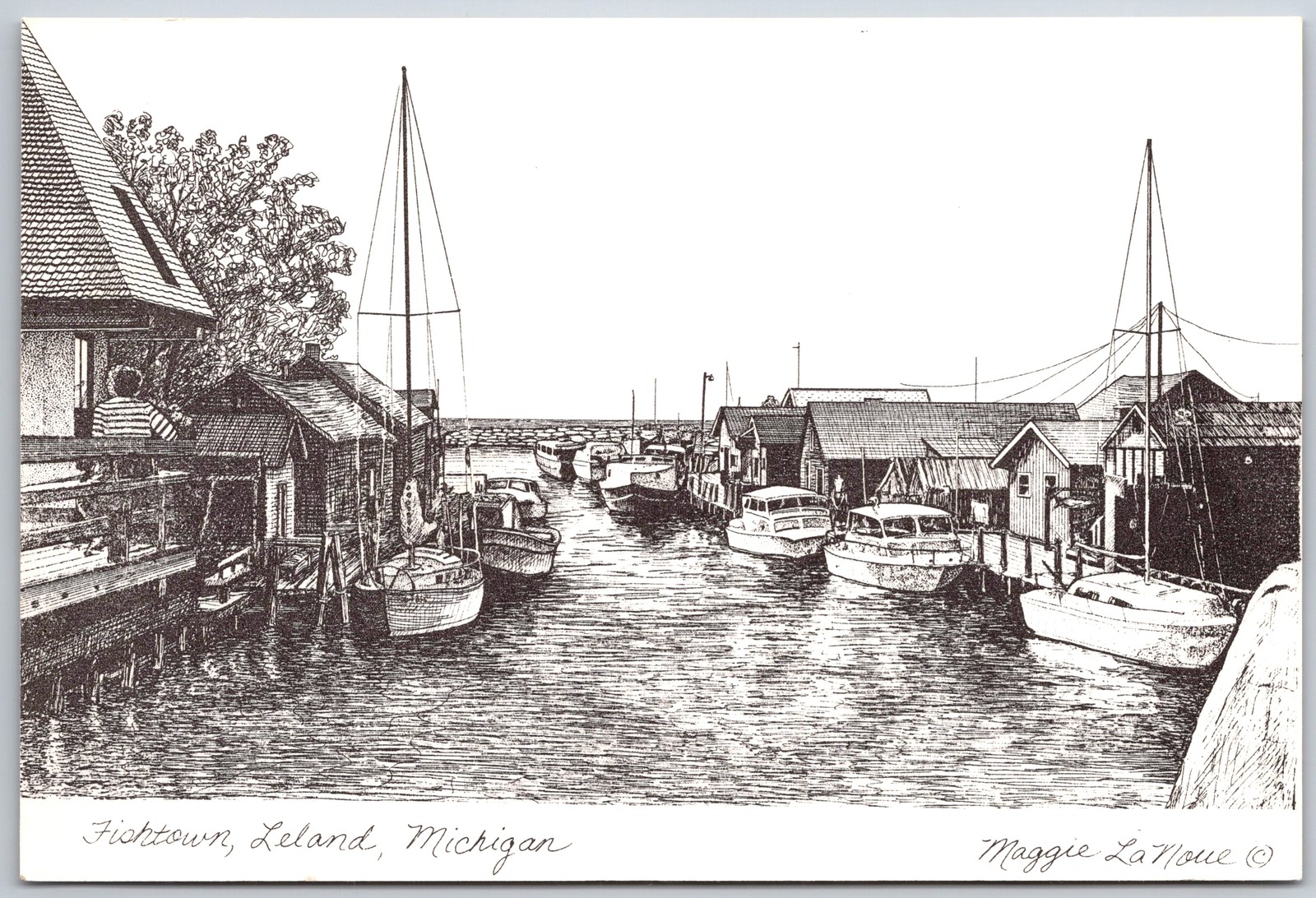 Vintage Postcard Fishtown Leland Michigan Harbor Boats Albion Cards