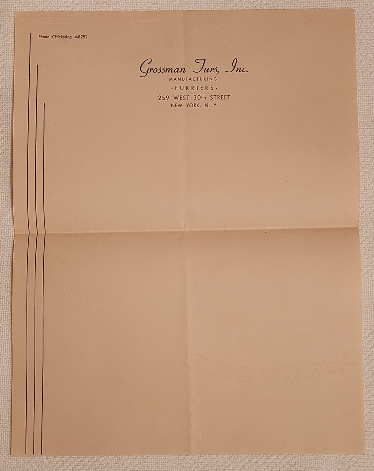 Vintage 1930\'s Salesman Letterhead Watermarked Paper Grossman Furs NY Furriers 