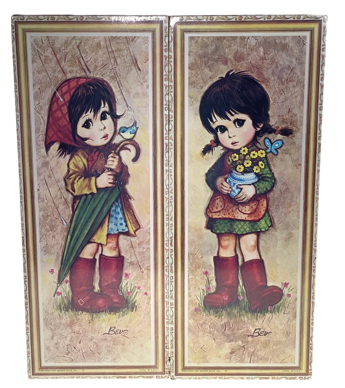 2 Big Eye Kids Girls Plaque Litho Signs New Old Stock Bev Vtg Retro 15”x6”x .5 2 Big Eye Kids Girls Plaque Litho Signs New Old Stock Bev Vtg Retro 15”x6”x .5