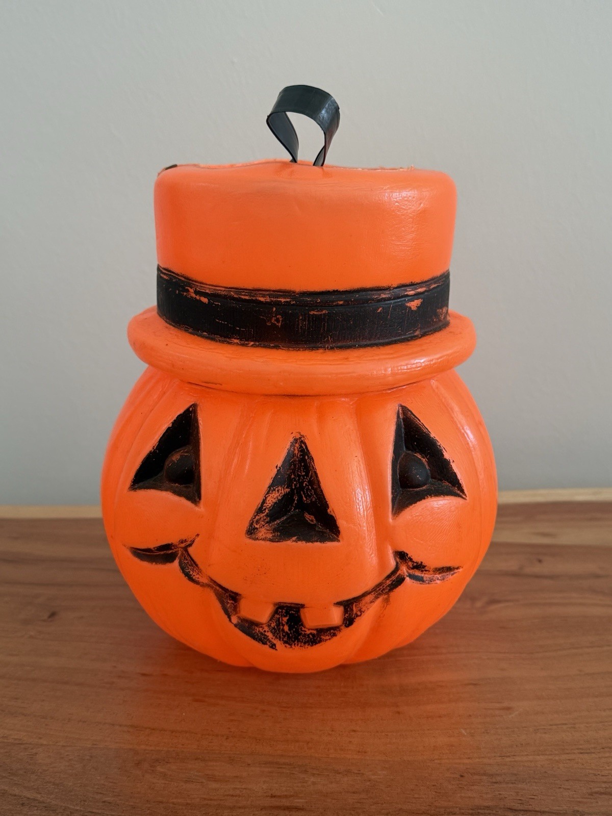 Vintage Blow Mold Pumpkin JOL Halloween Trick Or Treat Candy Bucket Pail Top Hat