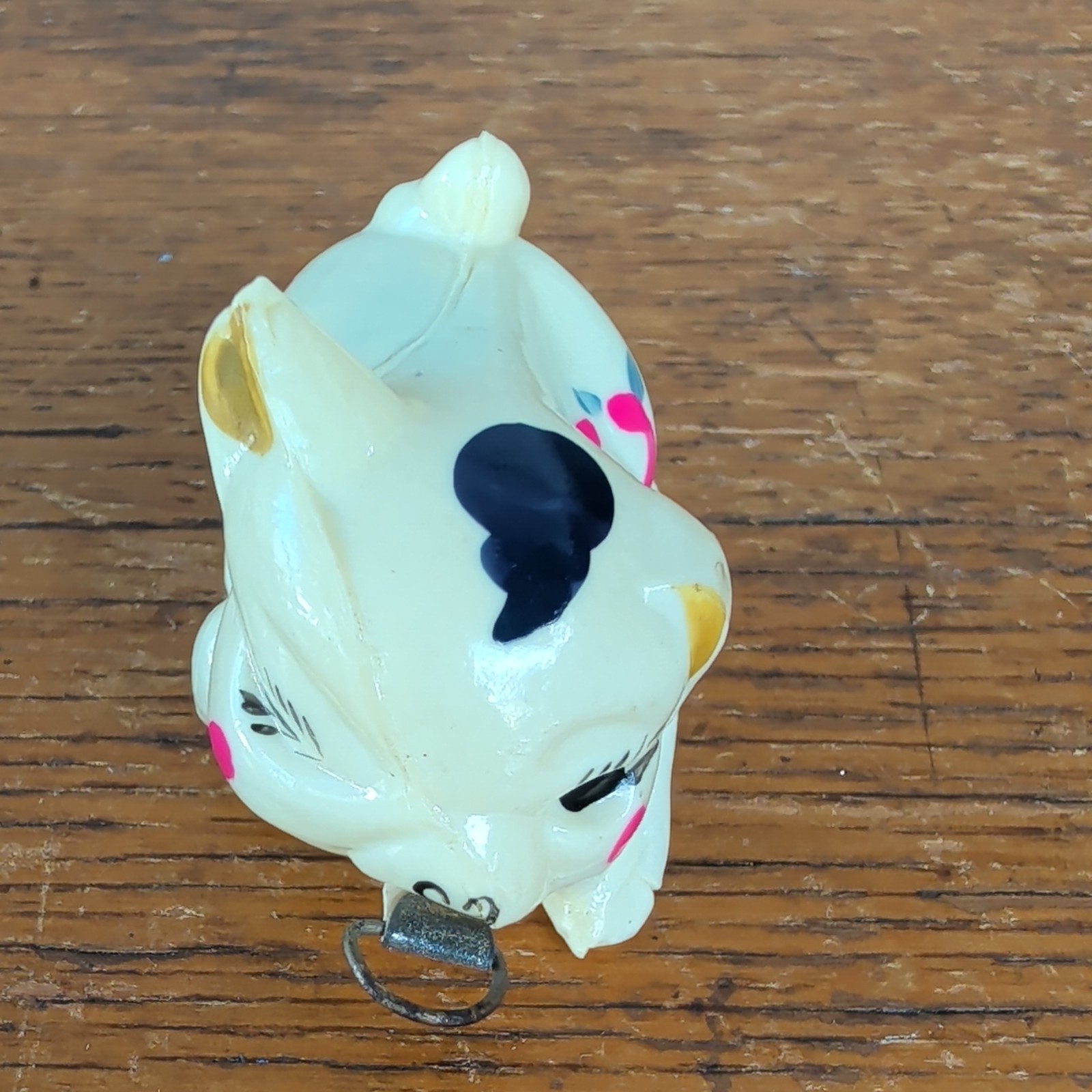 Vintage Figural Celluloid Sewing Tape Measure Winking Pig with Flowers Japan