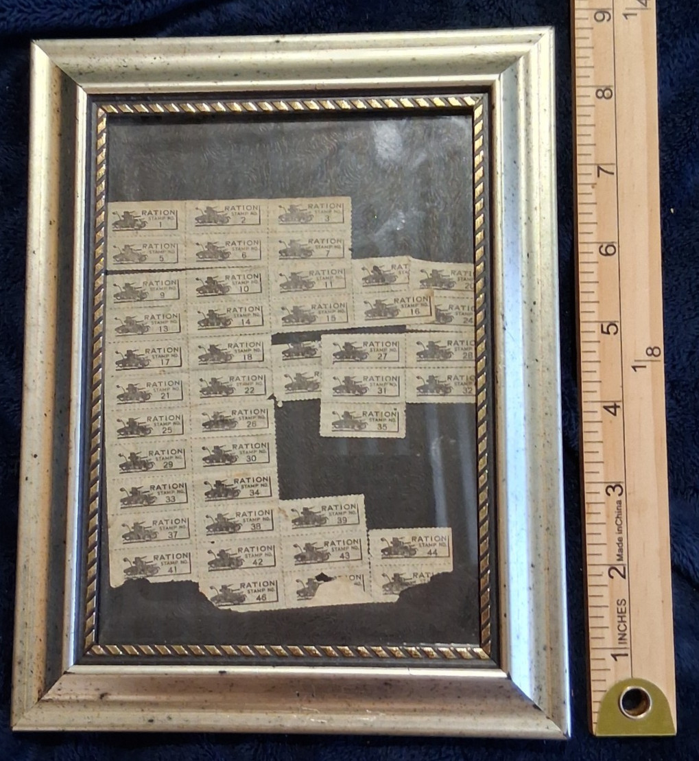 Vintage Framed WWII US Ration Stamps Sheet OPA World War 2 Ephemera Tank Graphic