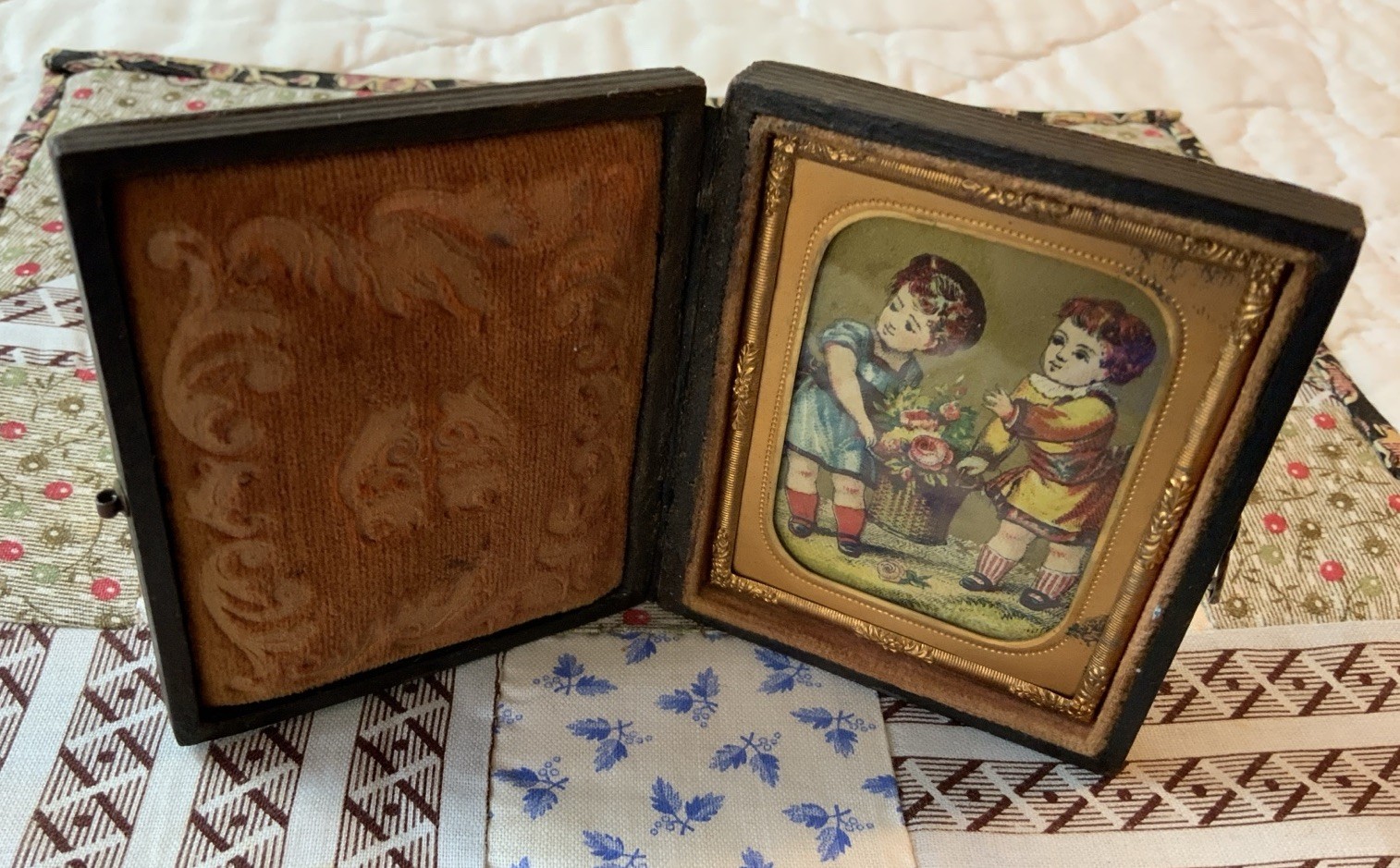 Antique Victorian Trade Card Ephemera Framed, Full Union Case, Children, Flowers