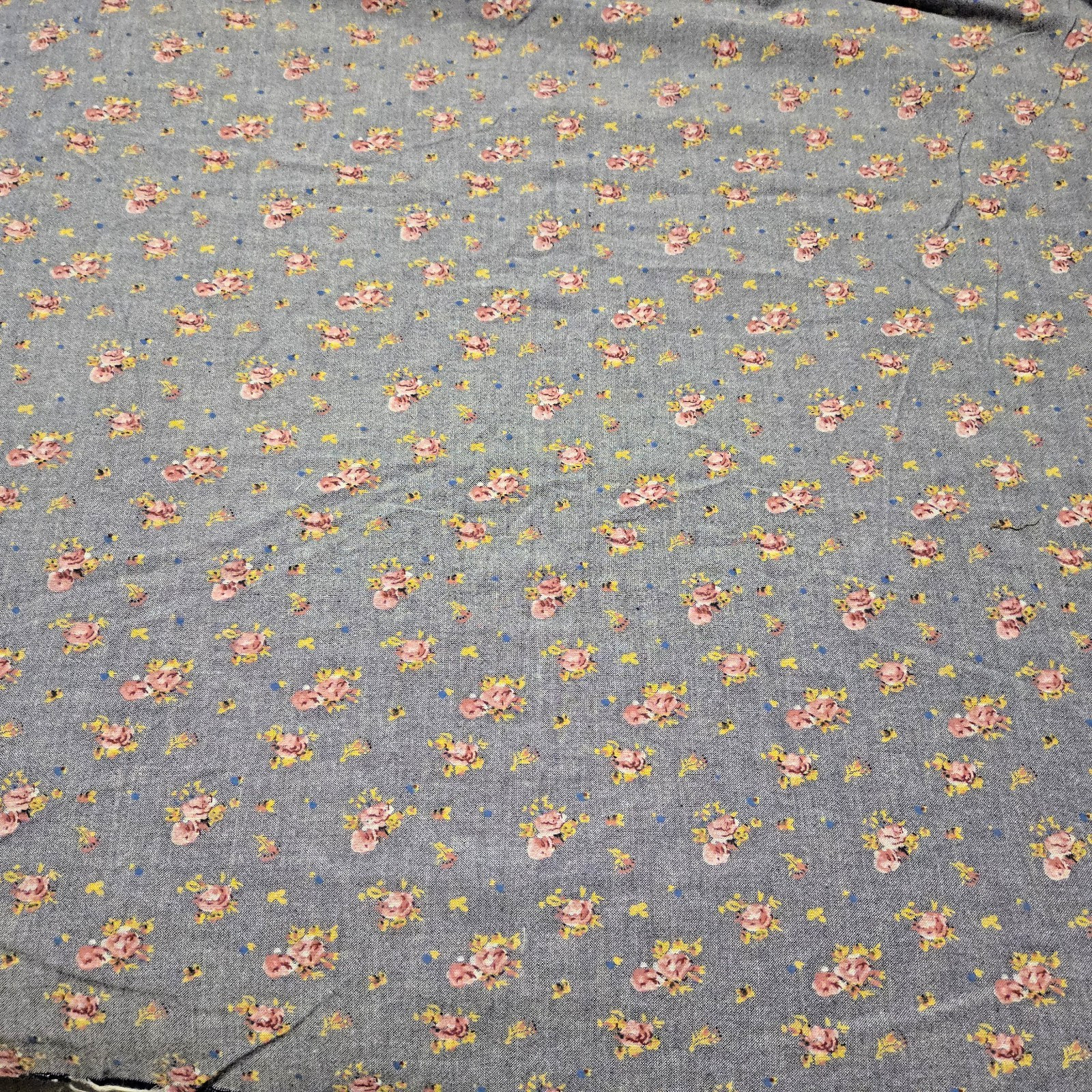 Vintage Blue Chambray with Floral Print Granny Farmhouse Style 4 Yards x 43\