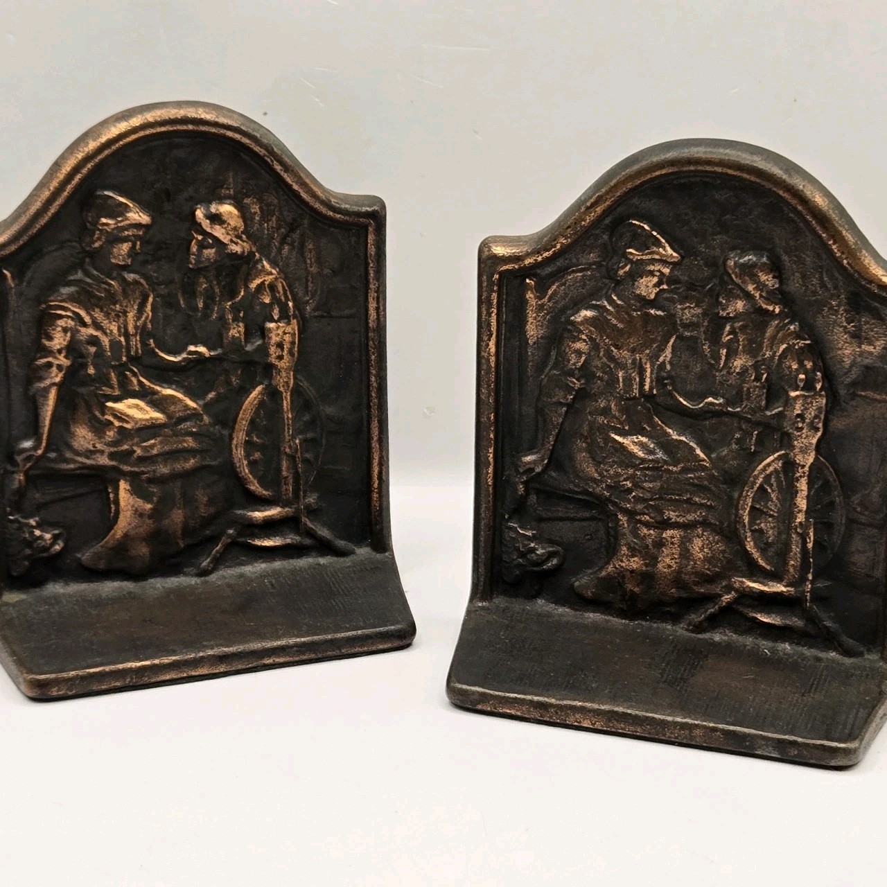1928 Antique Alden And Priscilla Bookends Cast Iron Patina 5