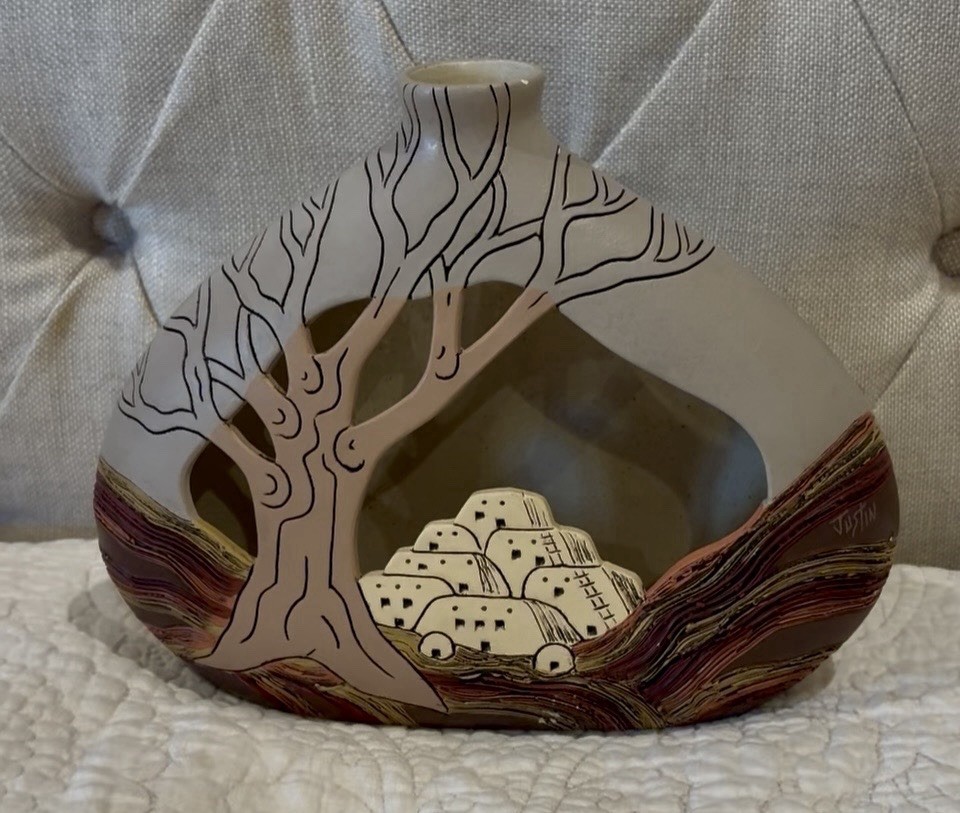 Vintage 1980’s Justin Southwest Art Pottery Cutout Pueblo Vase T-109 Signed Look
