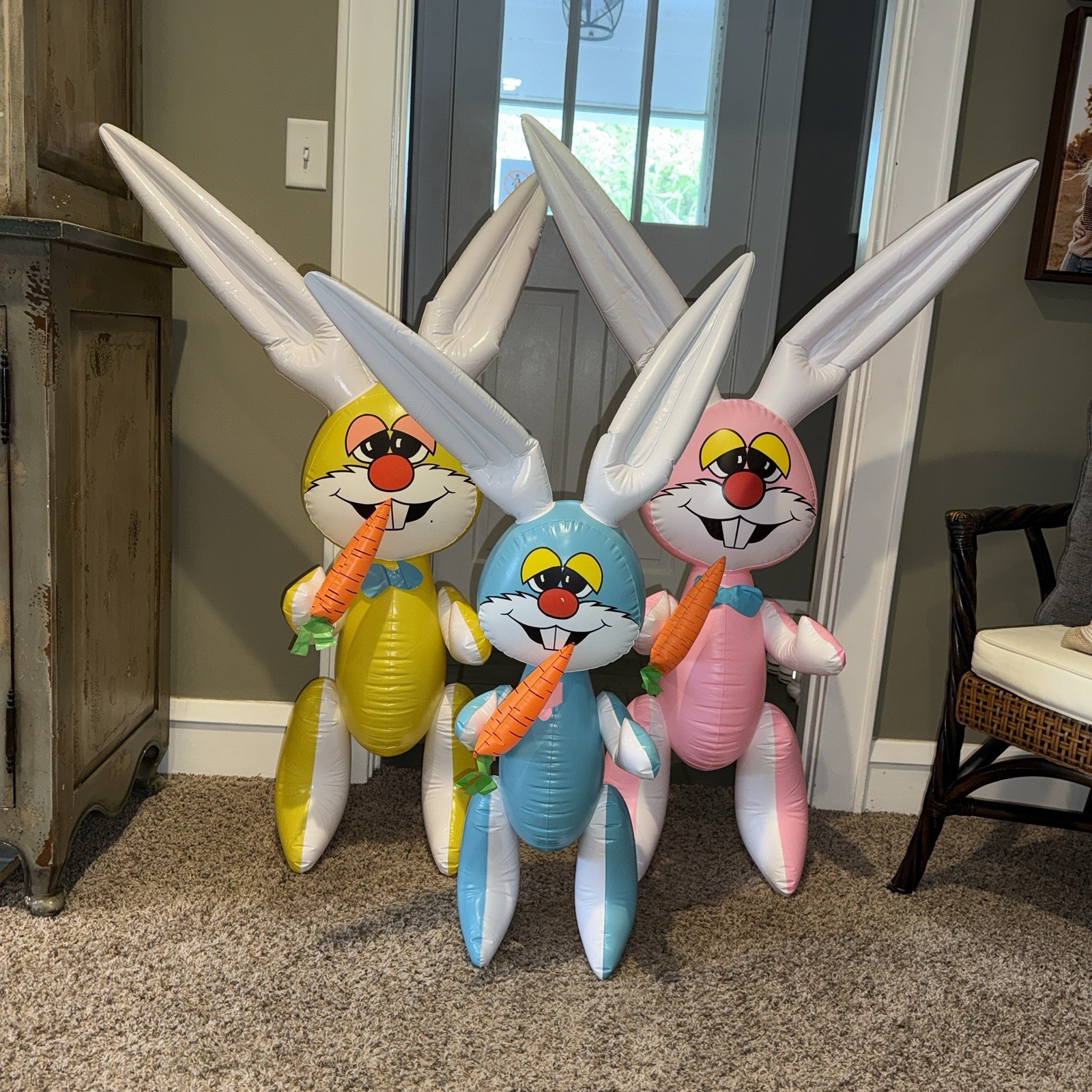 Vtg Easter Blow Up Inflatable Bunny Rabbit w/ Carrot XL Set 1986 Rare 53” Read