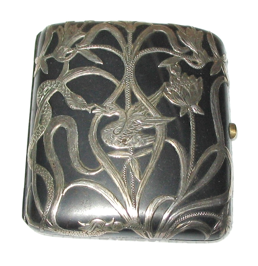 ANTIQUE JAPANESE Sterling Silver Overlay CIGARETTE CASE Birds, Snake c1920s