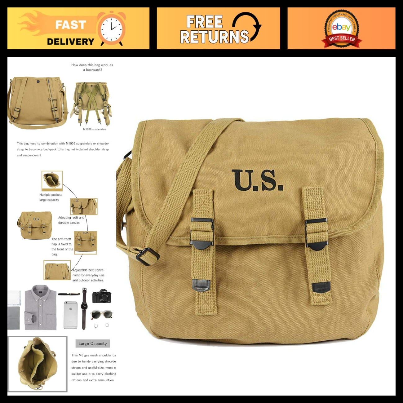 Vintage WW2 US Army Messenger Bag, Canvas Military Shoulder Satchel, Tactical Ha