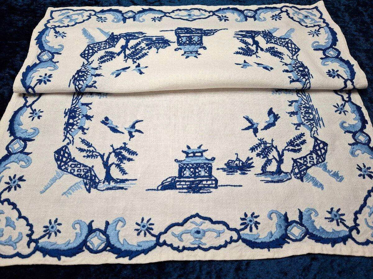 Spectacular Blue Willow Heavily Hand Embroidered Vintage Lge Tray-Mat - 2 Avail