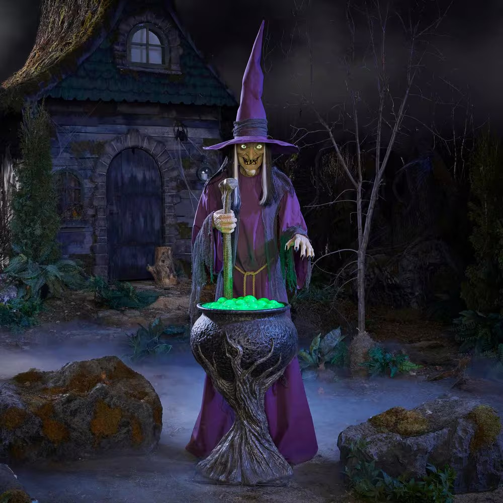 8 Ft Wicked Woods Animated LED Brewing Witch with Cauldron Halloween Animatronic