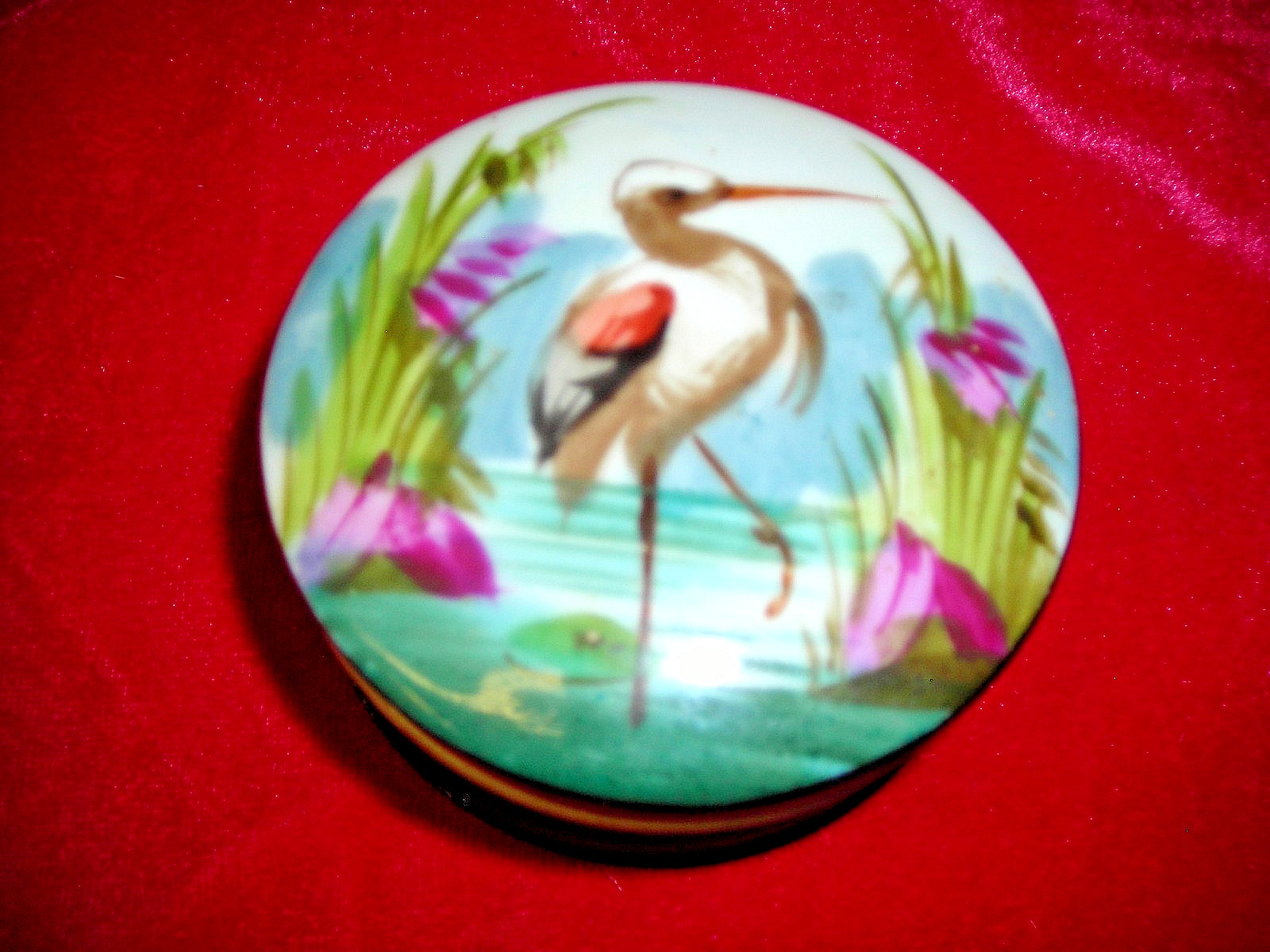 Antique French Hand Painted Trinket Box Bird Crane Heron Dresser Powder Jar