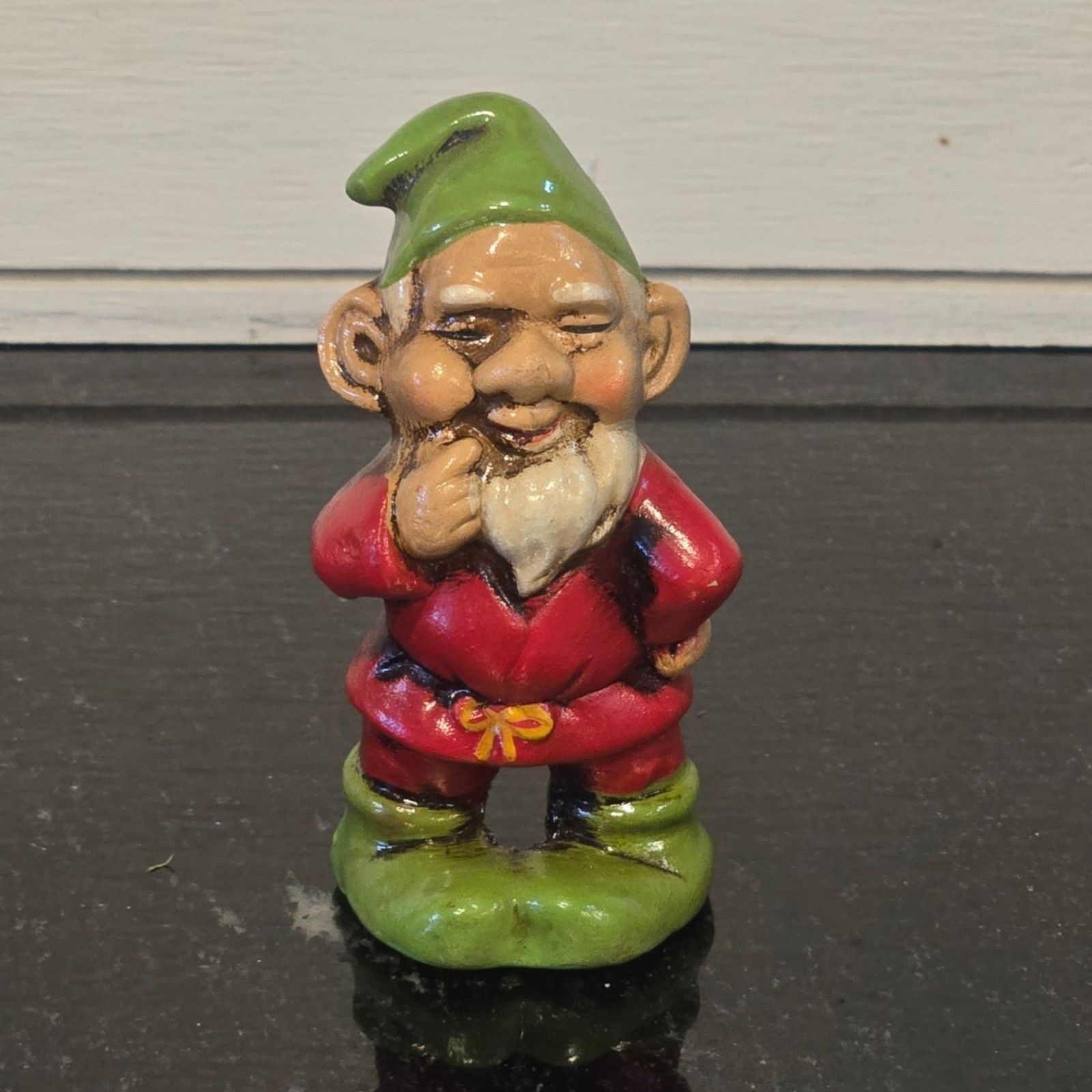 Vintage Japan Chalkware Gnome Figurine Red Green Elf Pixie Brownie Decor Ornamen