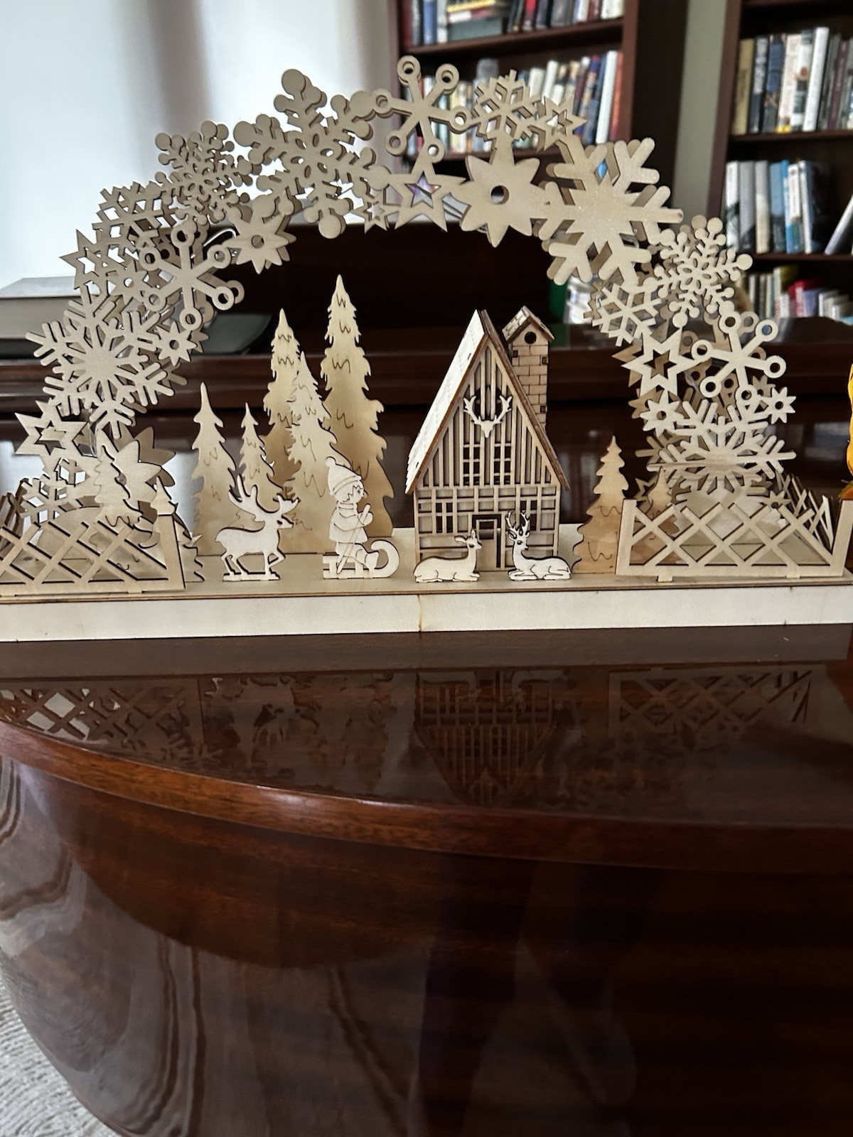 Pretty Wooden Lit Christmas Village Brand New Delicate Wood Cuts Beautiful 20”