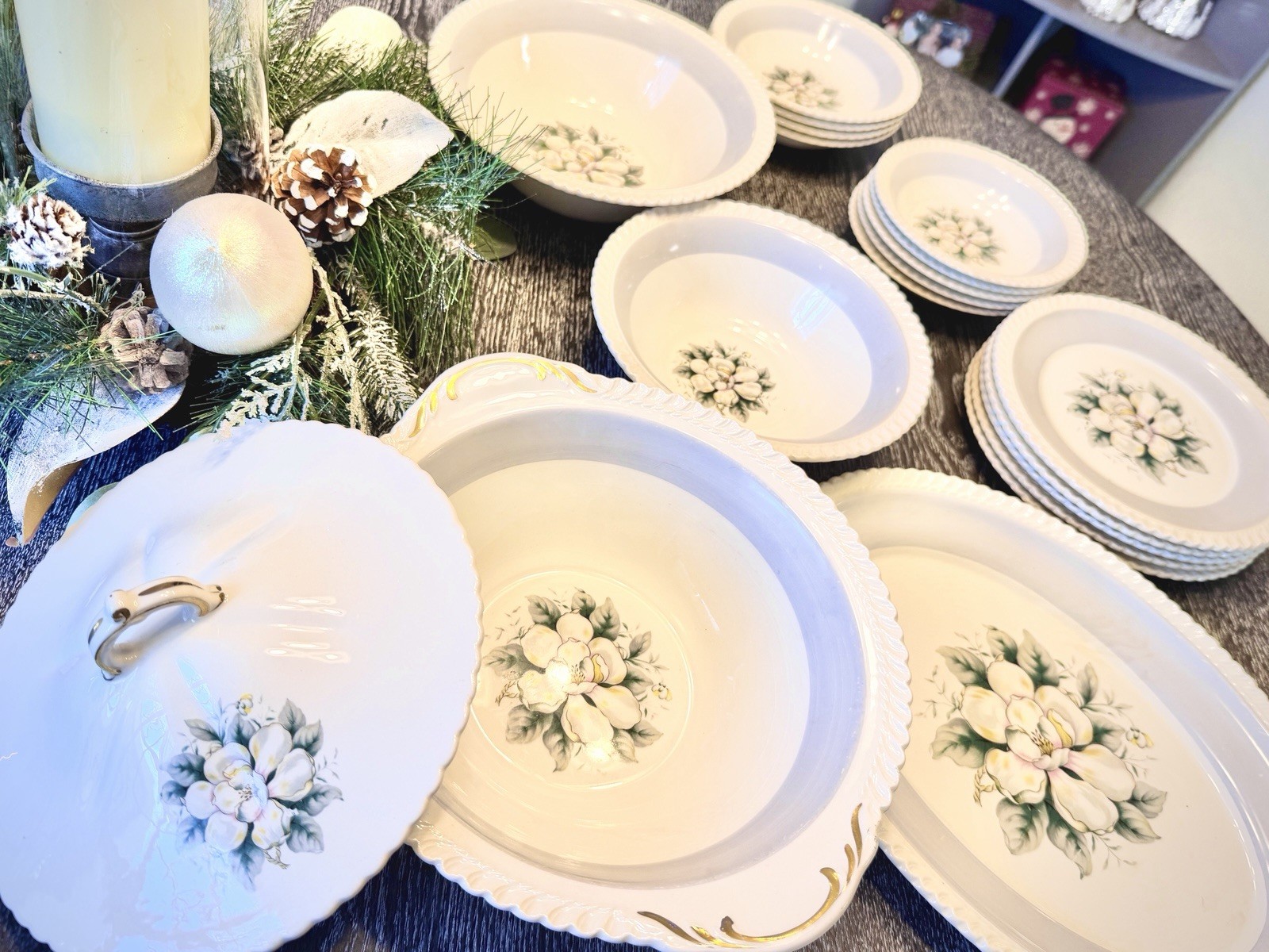 Harker Oldest Pottery In America Royal Gadroon “Magnolia” Dishes Set Of 19 VTG.