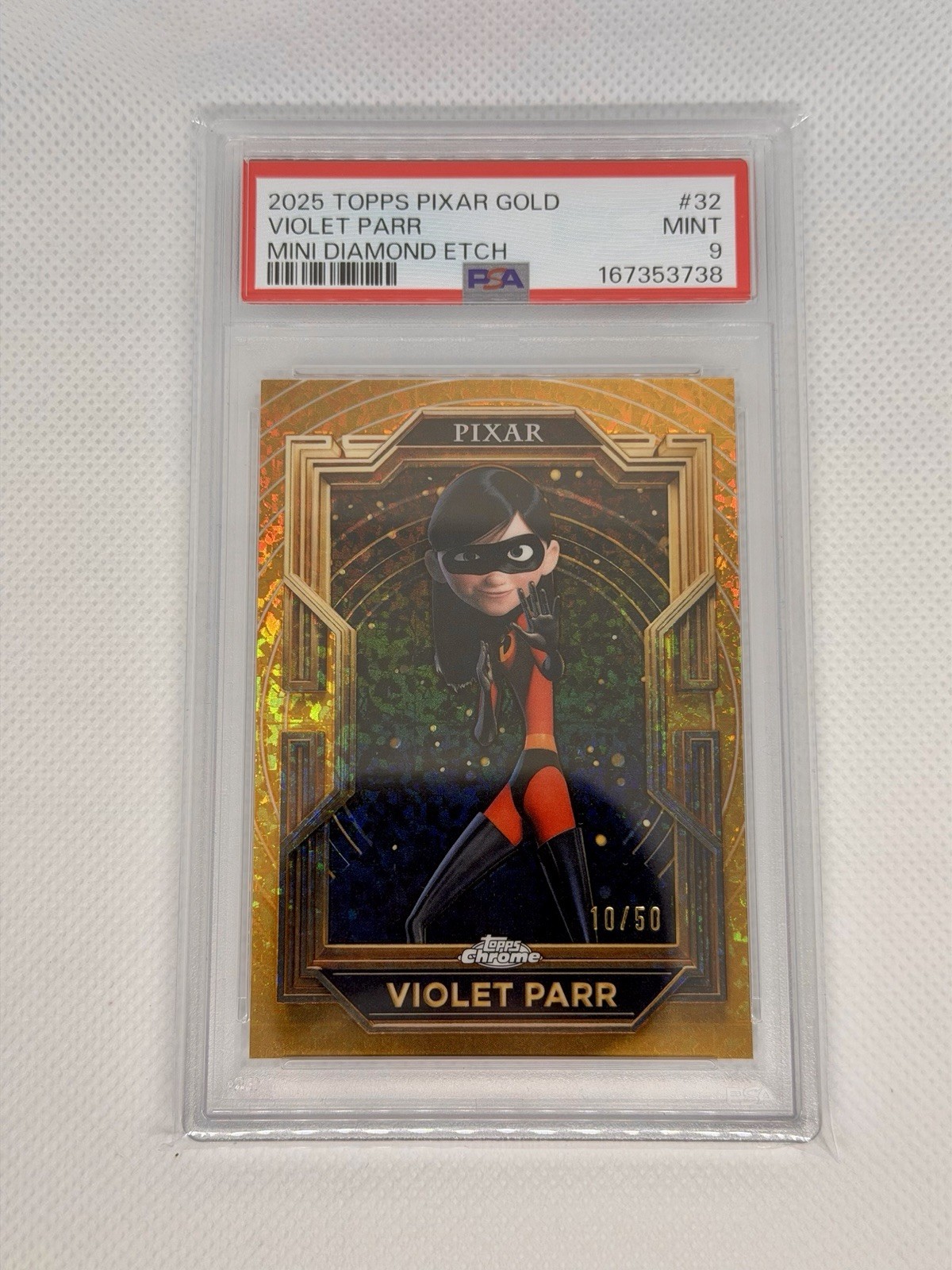 2025 Topps Pixar Gold Violet Parr #32 Mini Diamond Etch Refractor 10/50 PSA 9