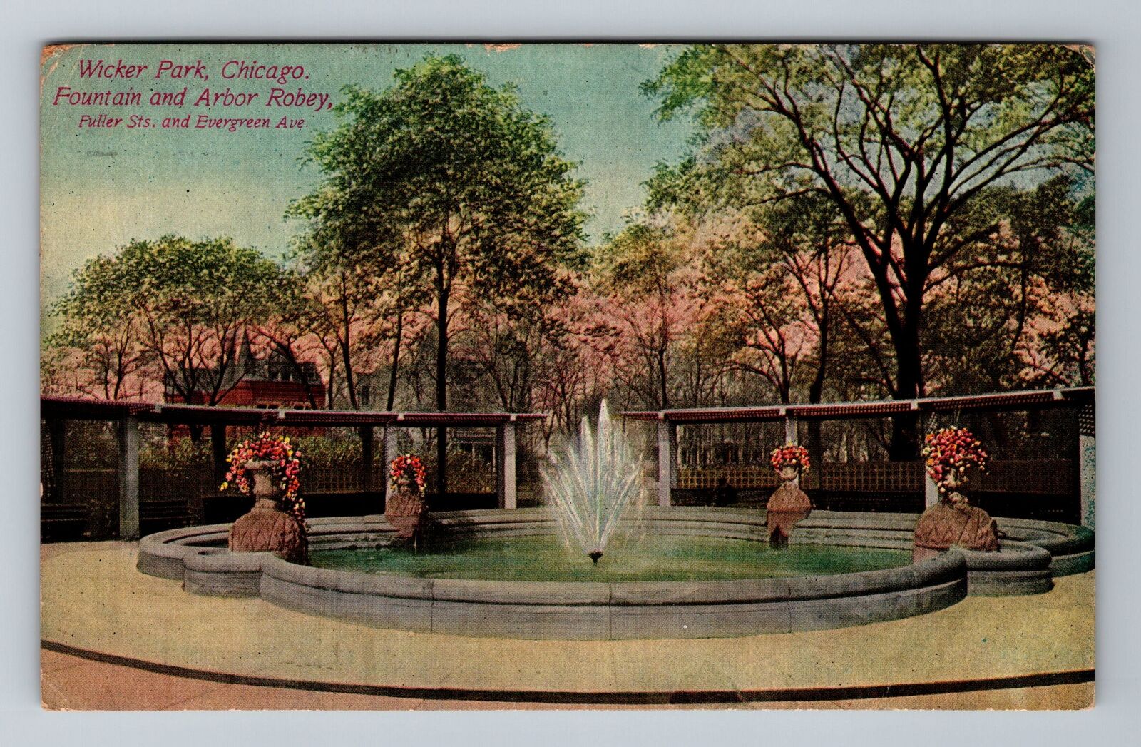 Chicago IL-Illinois, Wicker Park, Fountain, Arbor Robey, c1916 Vintage Postcard