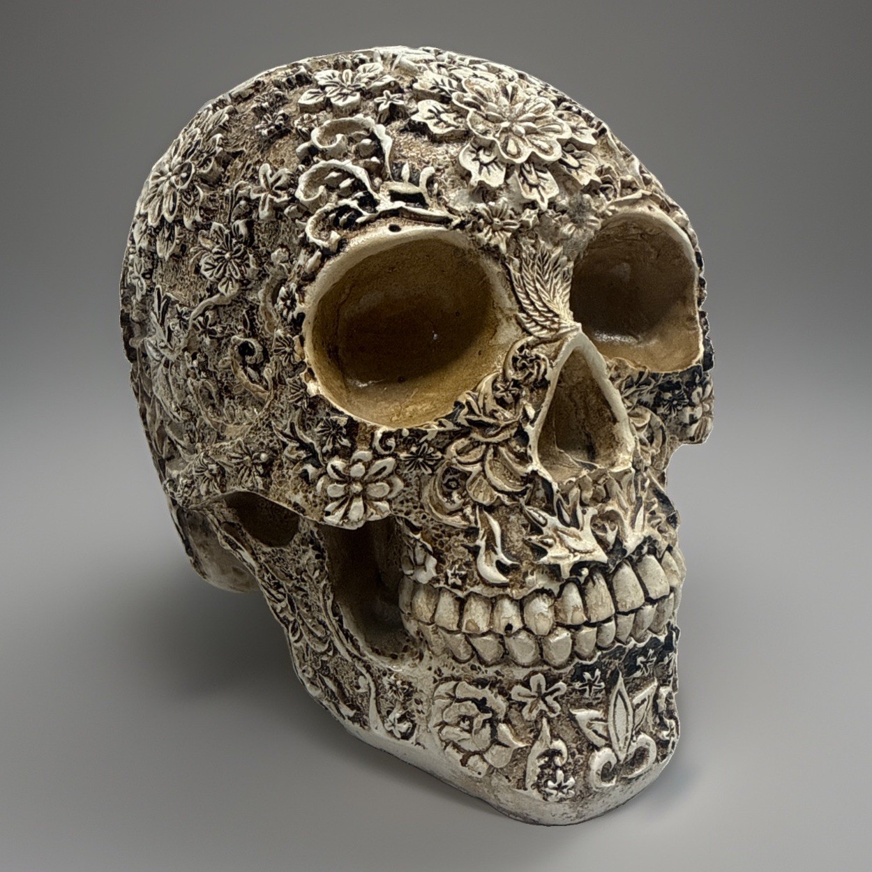Creative Skull Flowers Sculpture 7.5” Human Head Skeleton Statue Collectible
