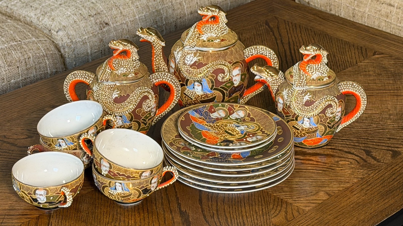 Vintage Japanese Satsuma Moriage Dragon Ware Tea Set 16 Pc Hand Painted Japan