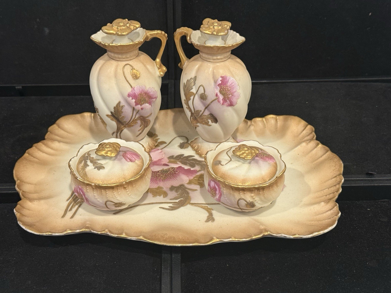 ANTIQUE 5pc A. LANTERNIER & LIMOGES FRANCE PINK POPPY FLORAL DRESSER SET (3D)