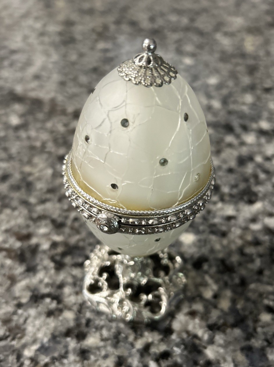 Fabergé Style Decorative Egg Trinket Box -w Rhinestone Silver Tone Hinged